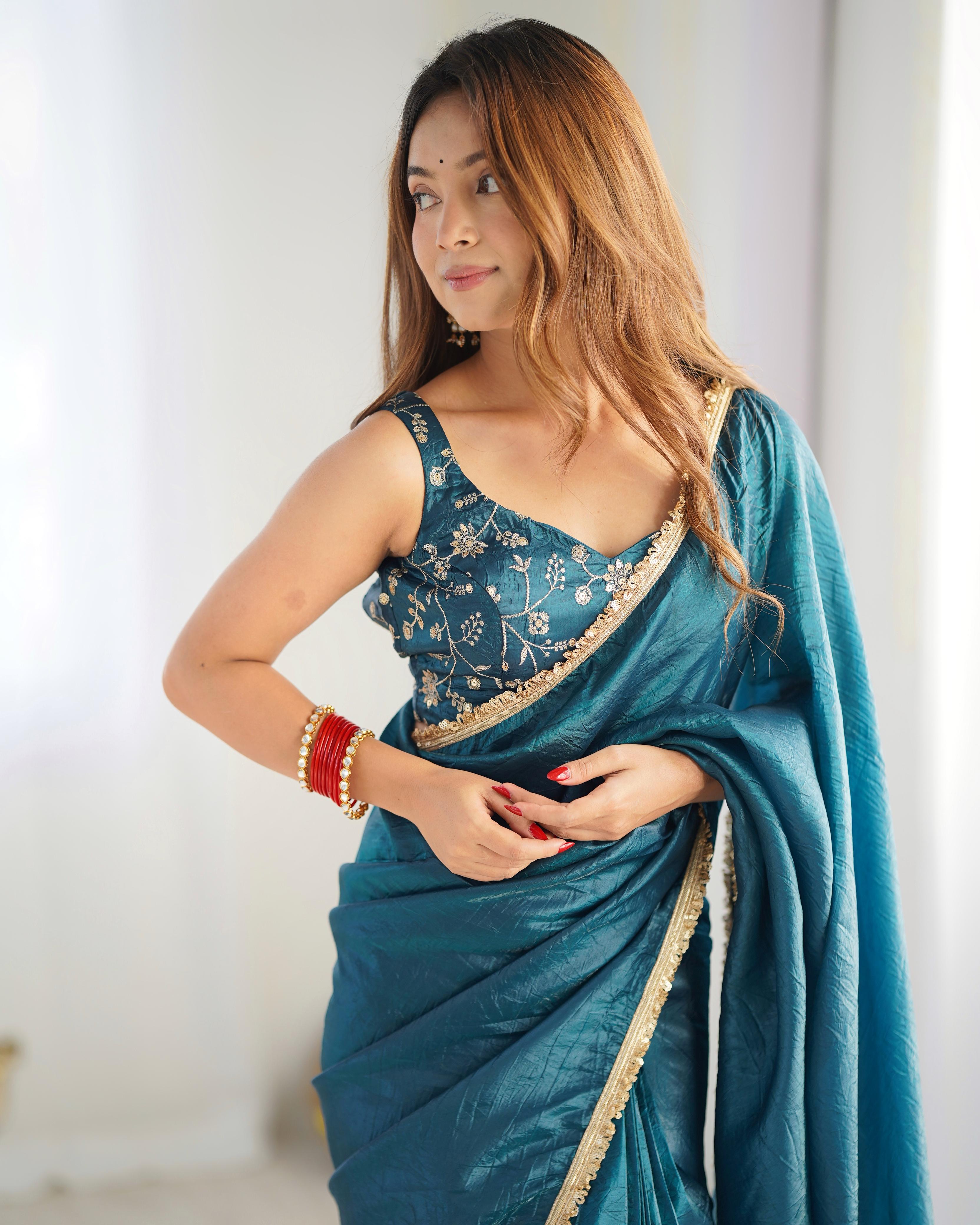 Teal Crush Tissue Silk Saree, Ready-to-Wear design perfect for festive occasions