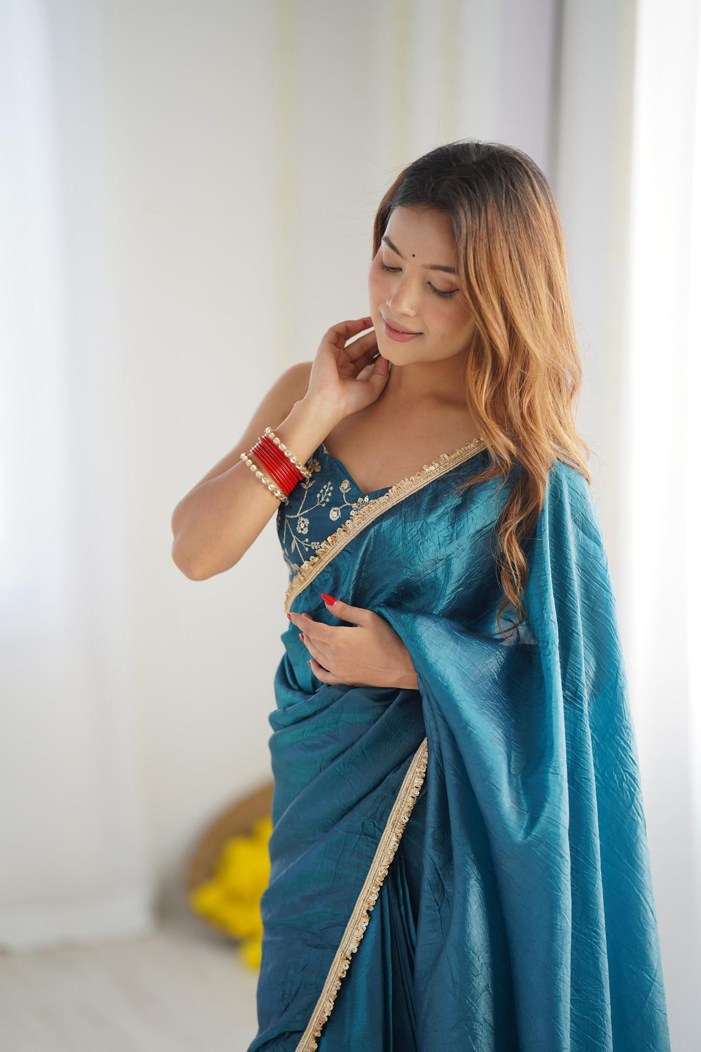 Teal Crush Tissue Silk Saree, Ready-to-Wear design perfect for festive occasions