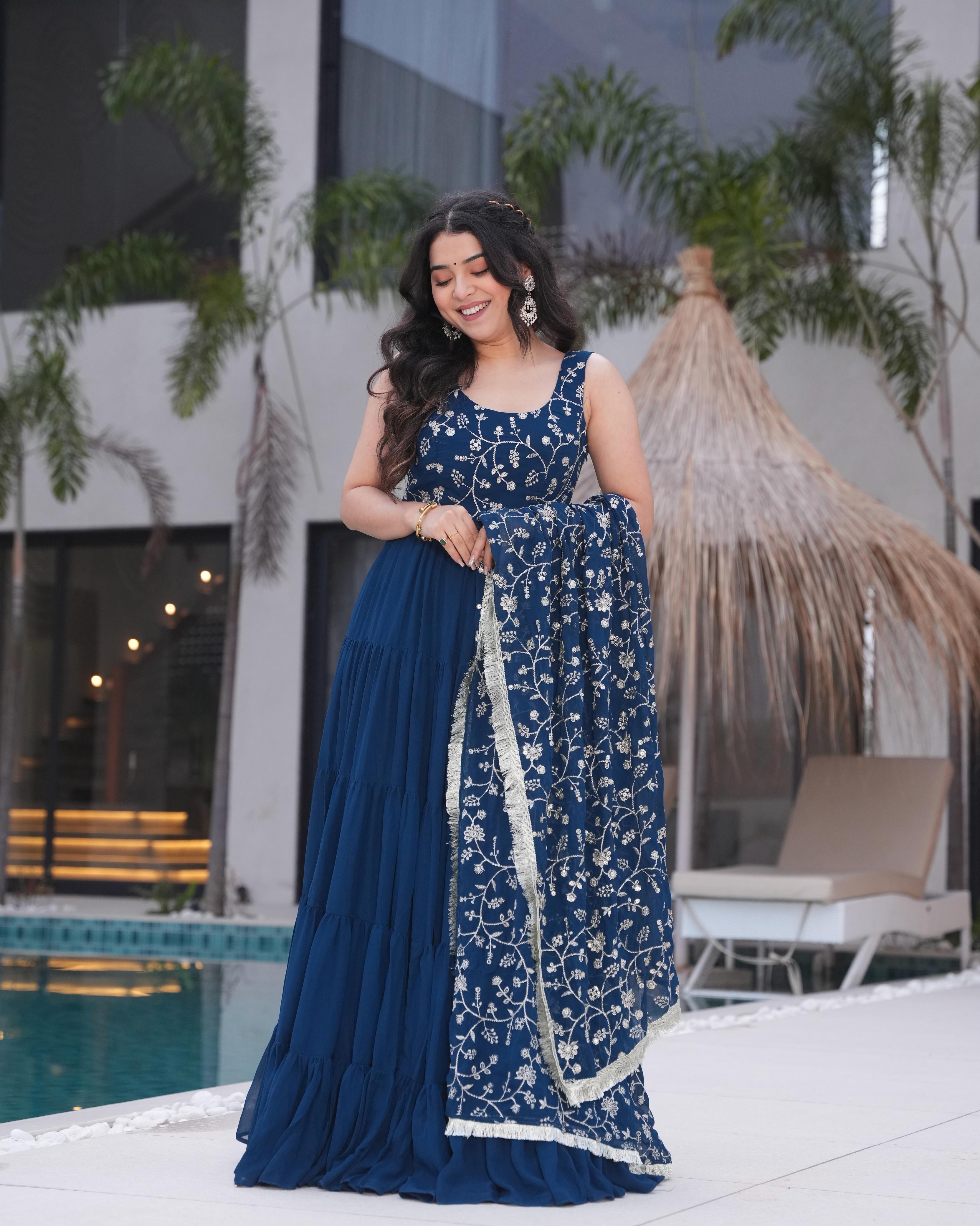 Teal Soft Fox Georgette Anarkali Suit Set with Huge Flair for celebrations
