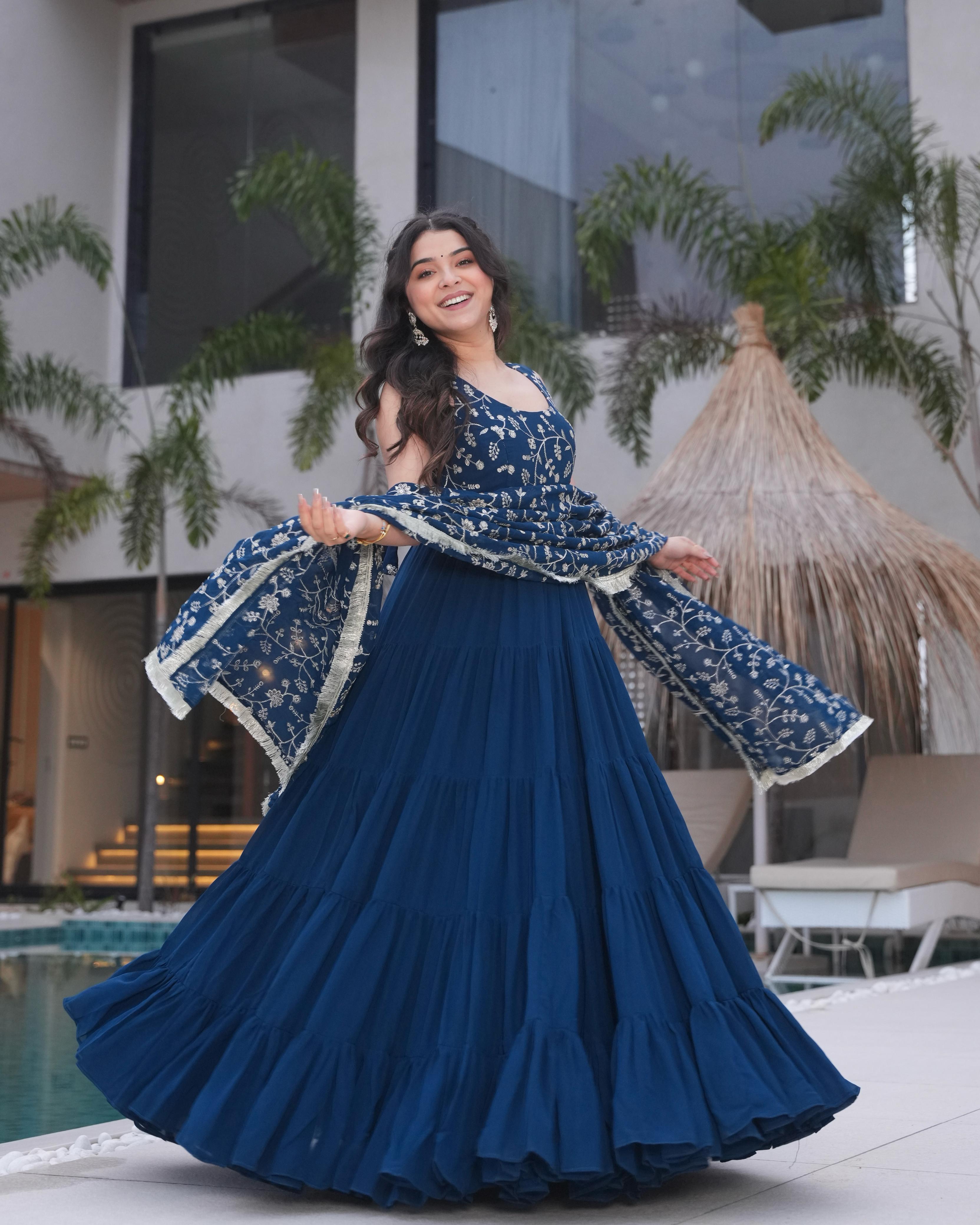 Teal Soft Fox Georgette Anarkali Suit Set with Huge Flair for celebrations