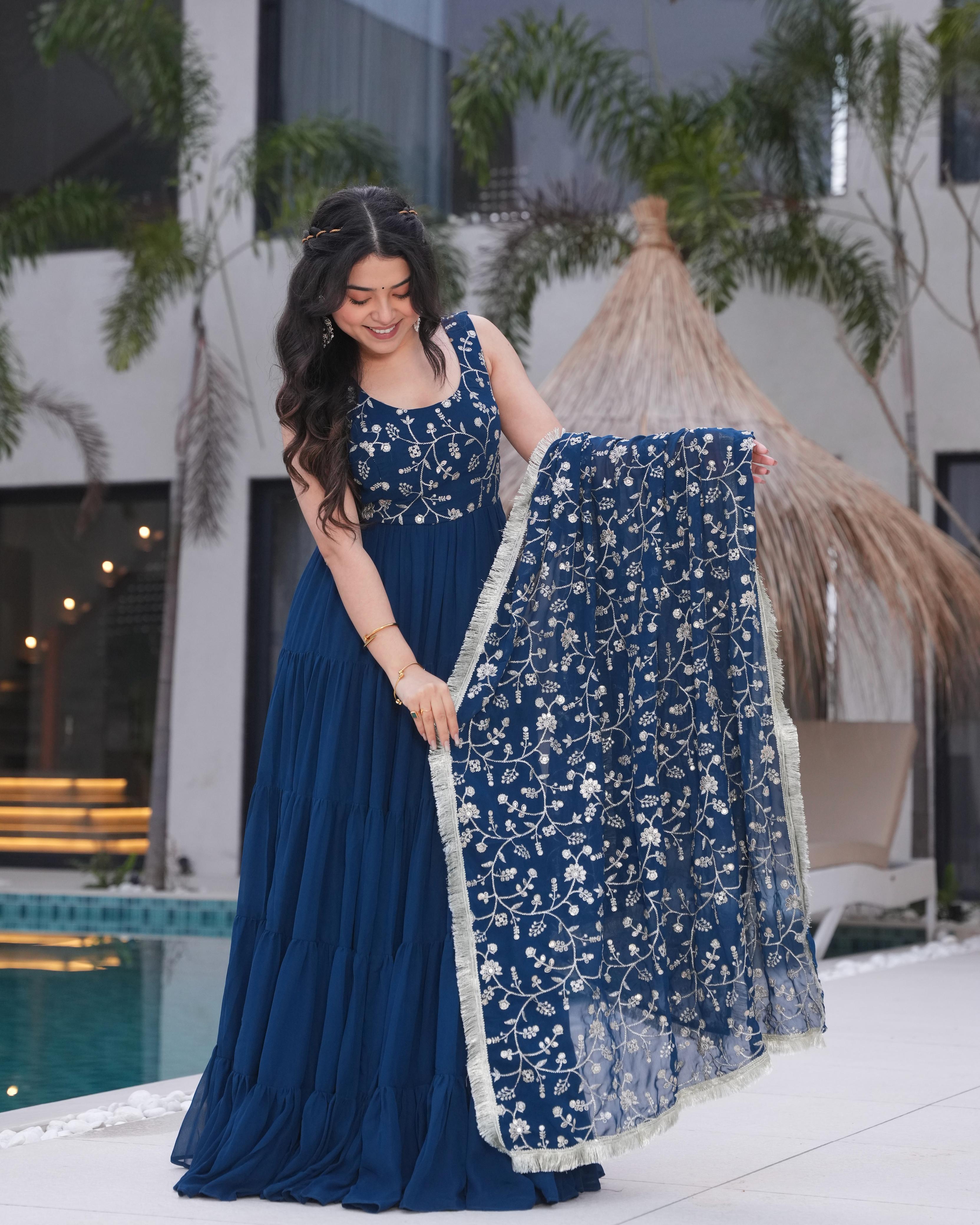 Teal Soft Fox Georgette Anarkali Suit Set with Huge Flair for celebrations