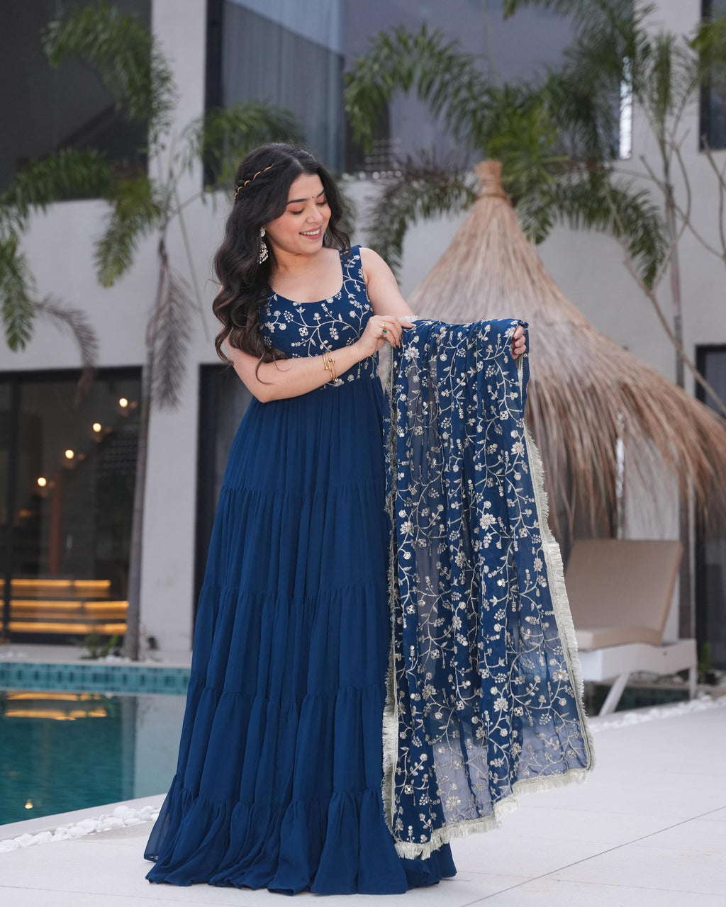 Teal Soft Fox Georgette Anarkali Suit Set with Huge Flair for celebrations