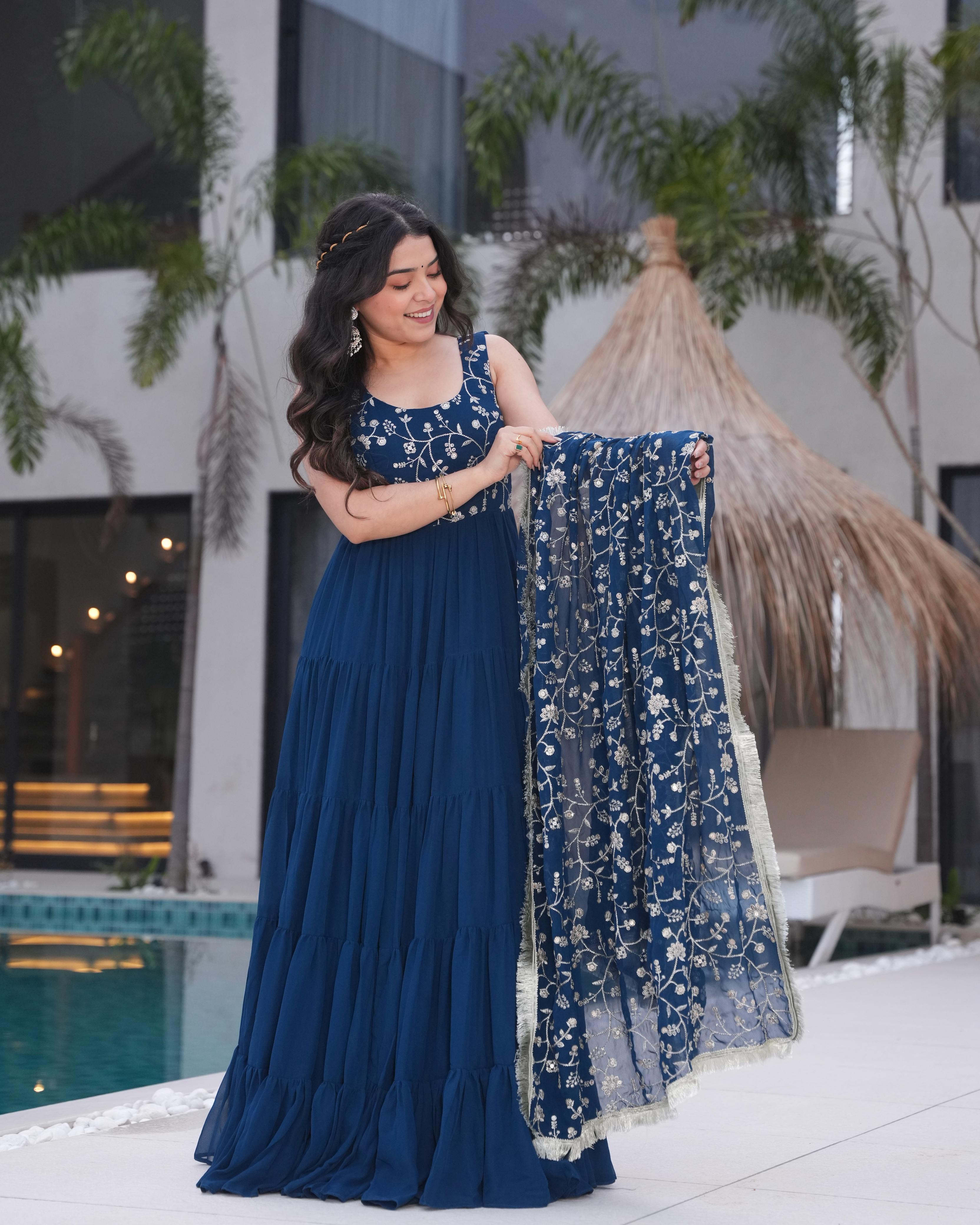 Teal Soft Fox Georgette Anarkali Suit Set with Huge Flair for celebrations