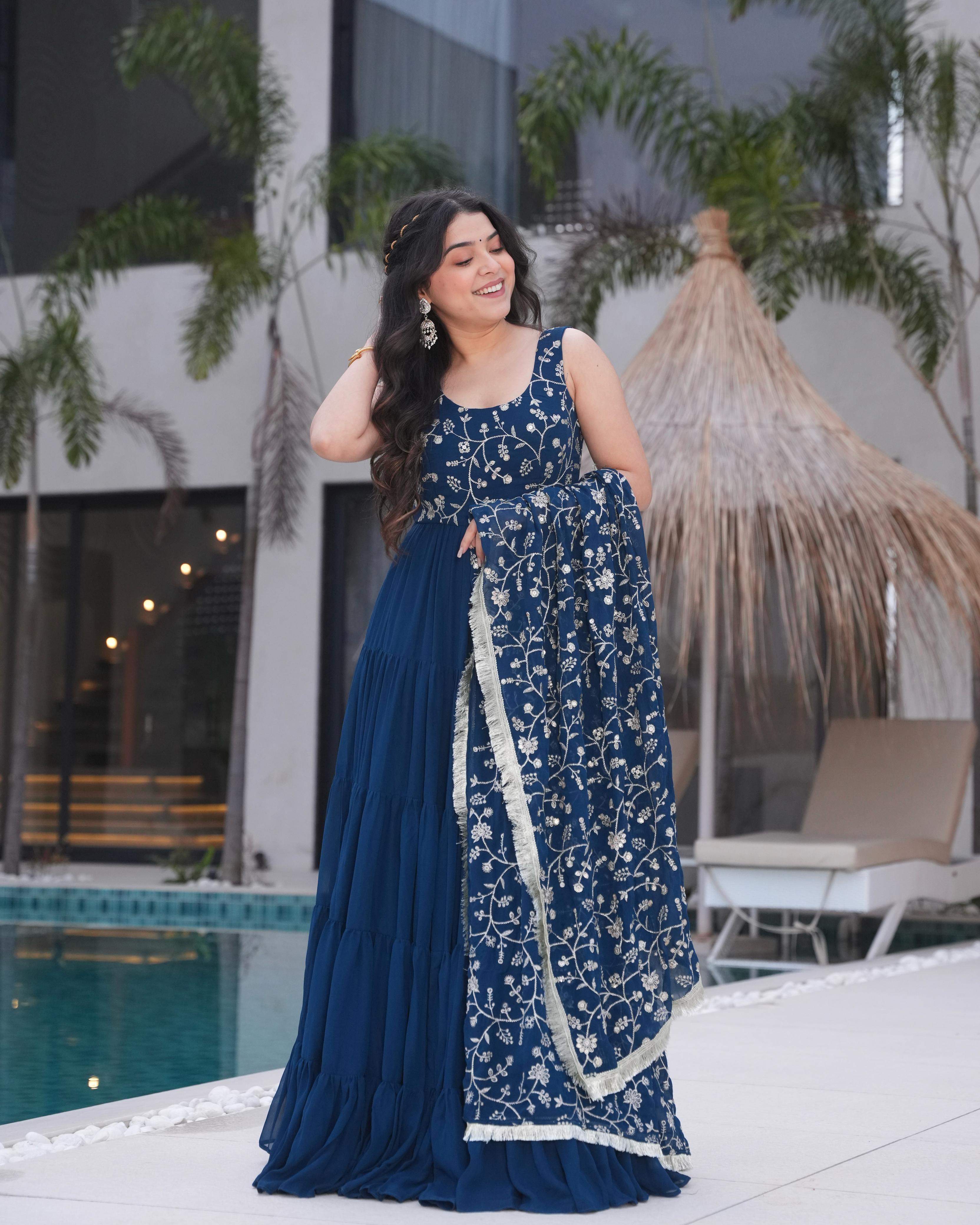Teal Soft Fox Georgette Anarkali Suit Set with Huge Flair for celebrations