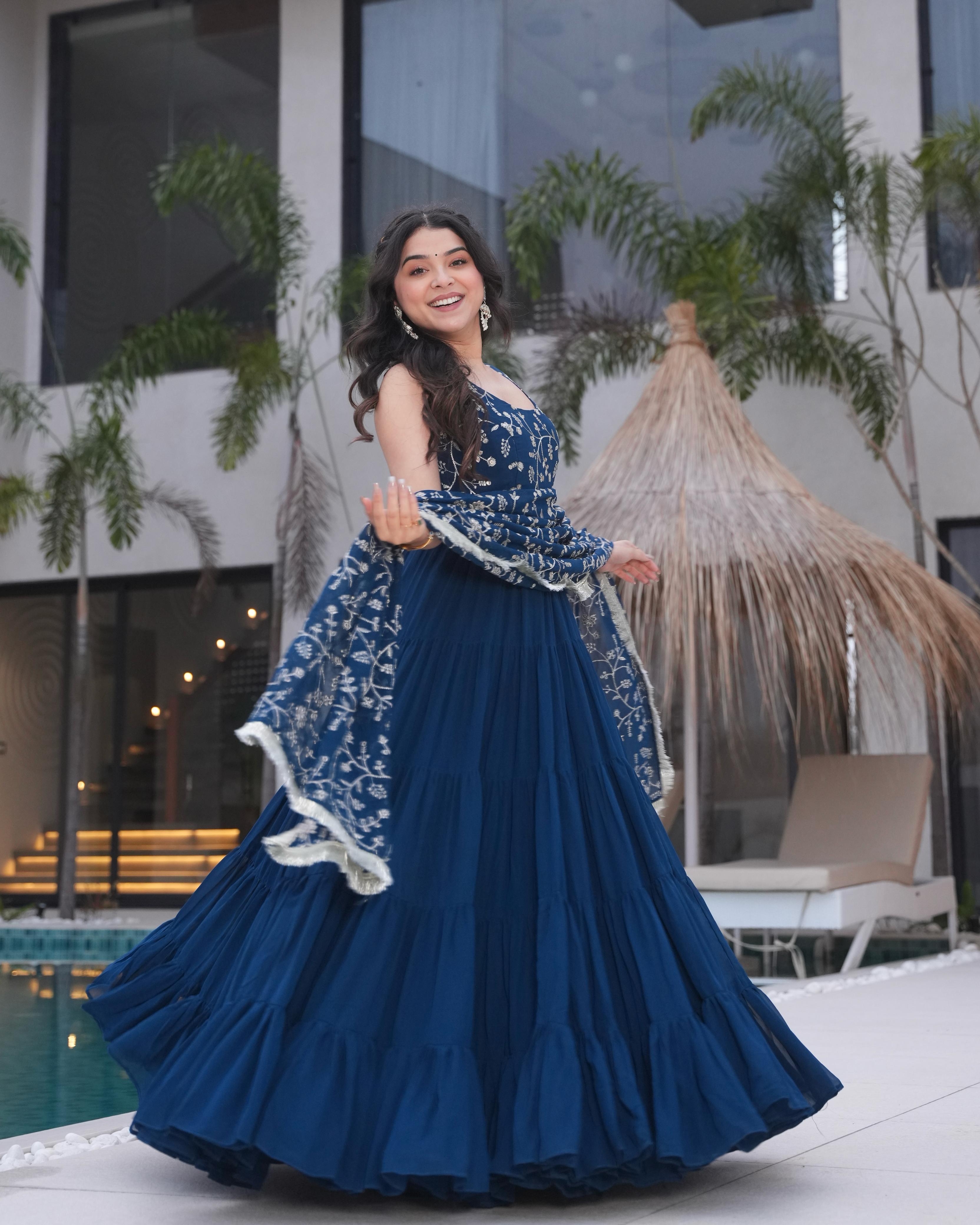 Teal Soft Fox Georgette Anarkali Suit Set with Huge Flair for celebrations
