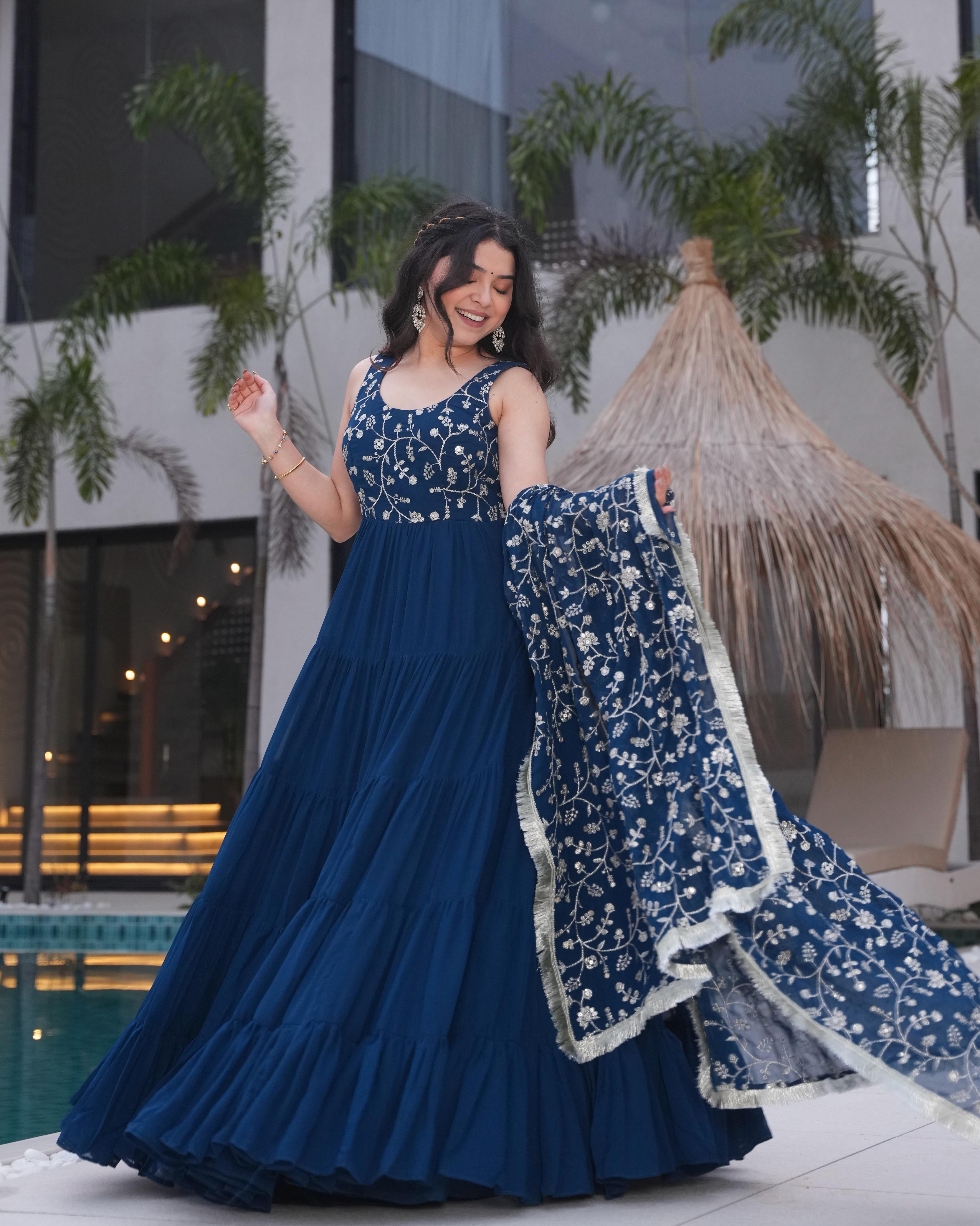 Teal Soft Fox Georgette Anarkali Suit Set with Huge Flair for celebrations