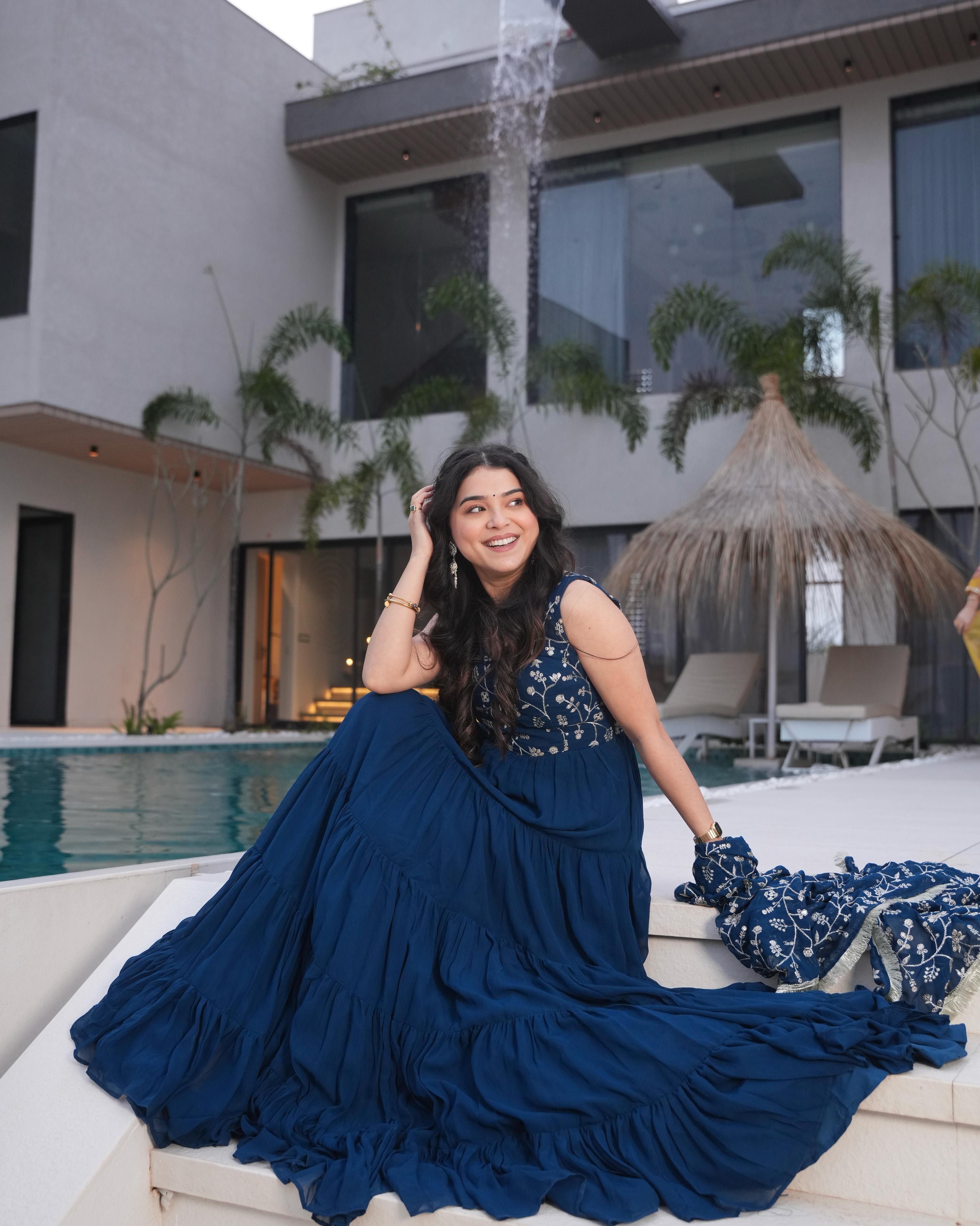 Teal Soft Fox Georgette Anarkali Suit Set with Huge Flair for celebrations