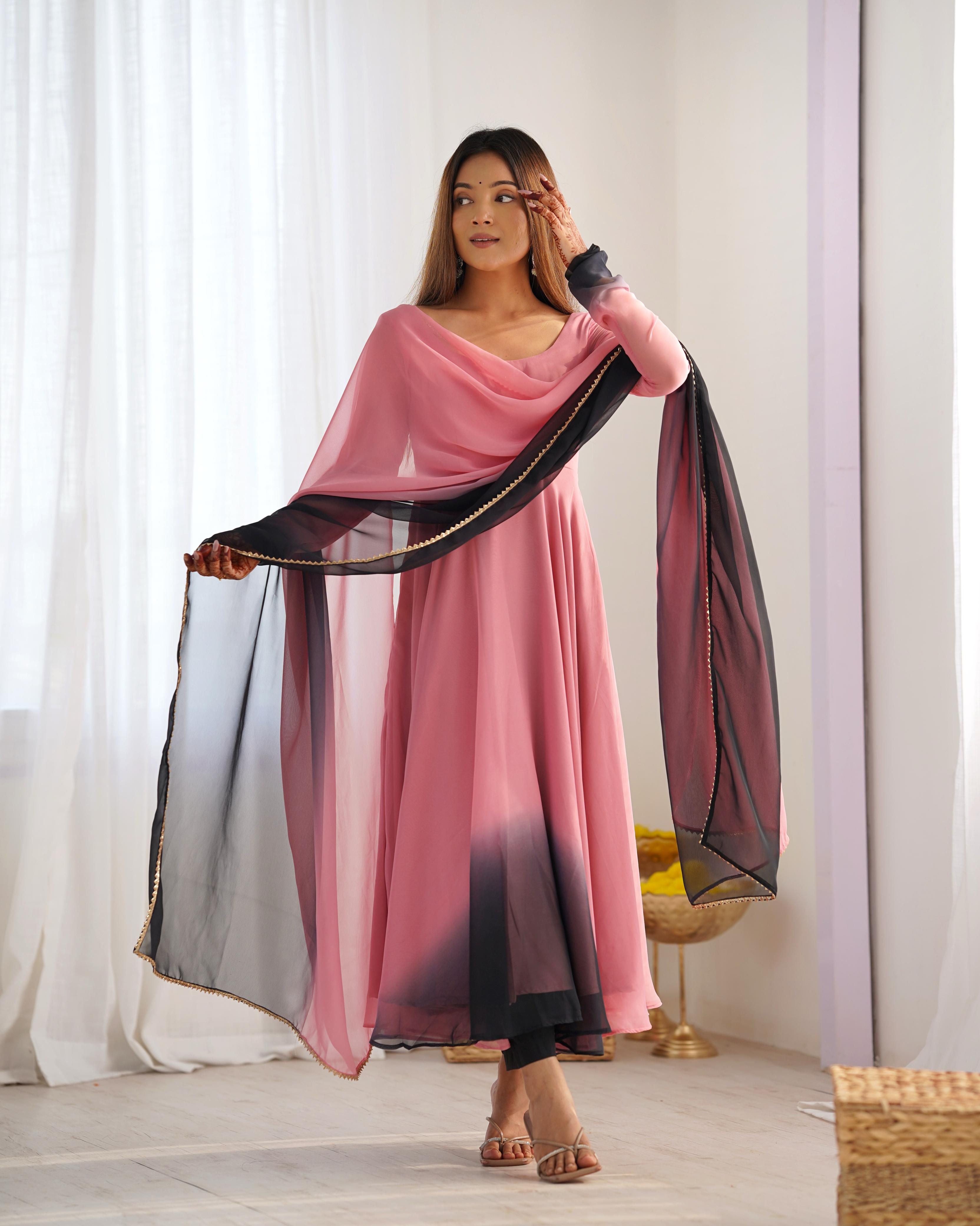 Onion Pink Pure Soft Fox Georgette Anarkali Suit Set With Huge Flair, Dupatta & Pant
