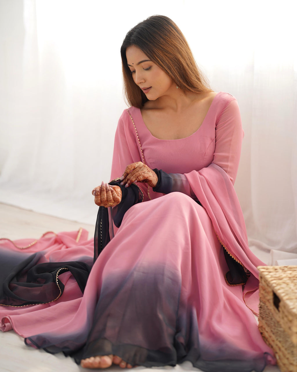 Onion Pink Pure Soft Fox Georgette Anarkali Suit Set With Huge Flair, Dupatta & Pant