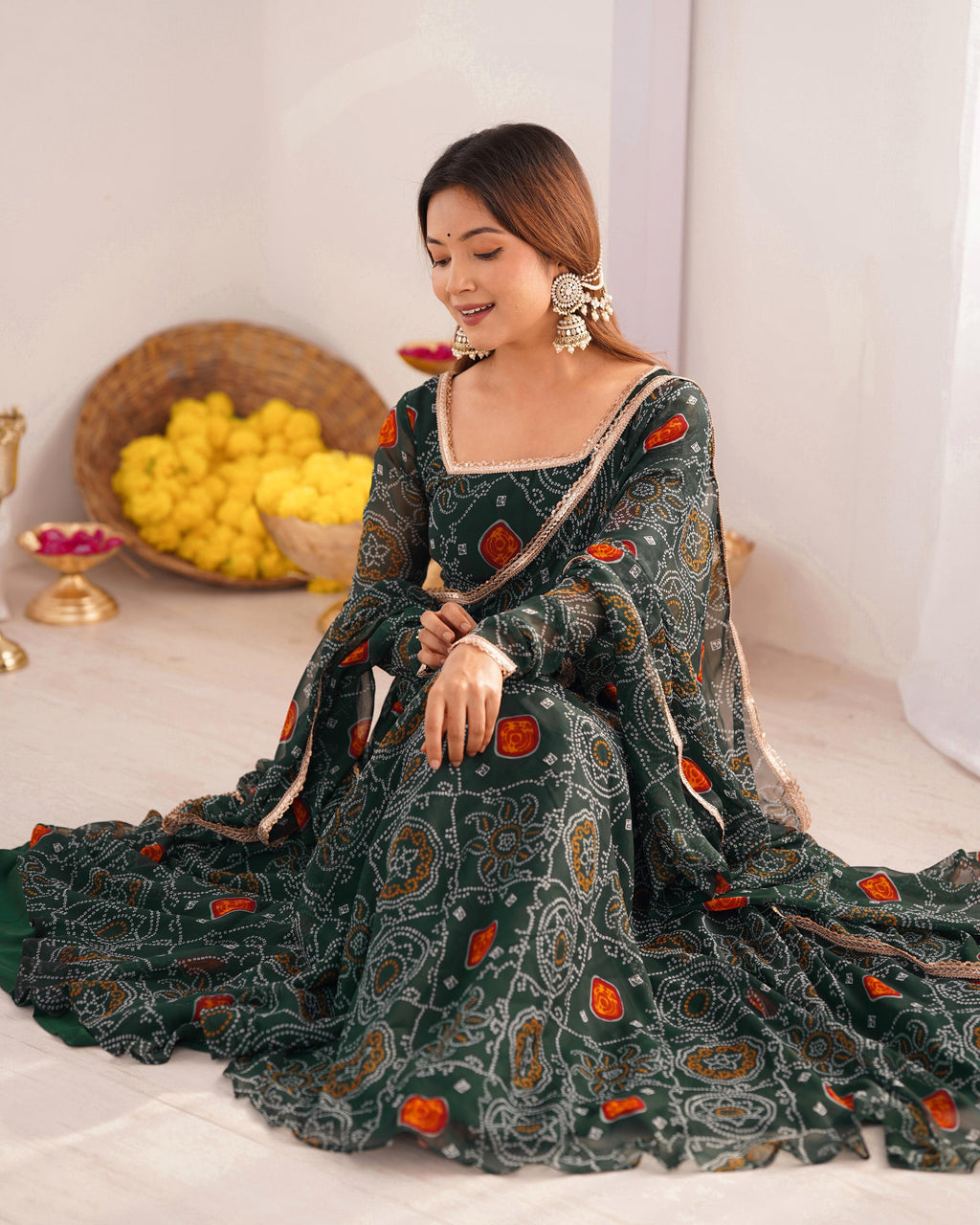 Bottle Green Lightweight Chiffon Anarkali Suit Set with Huge Flair - Festive Wear