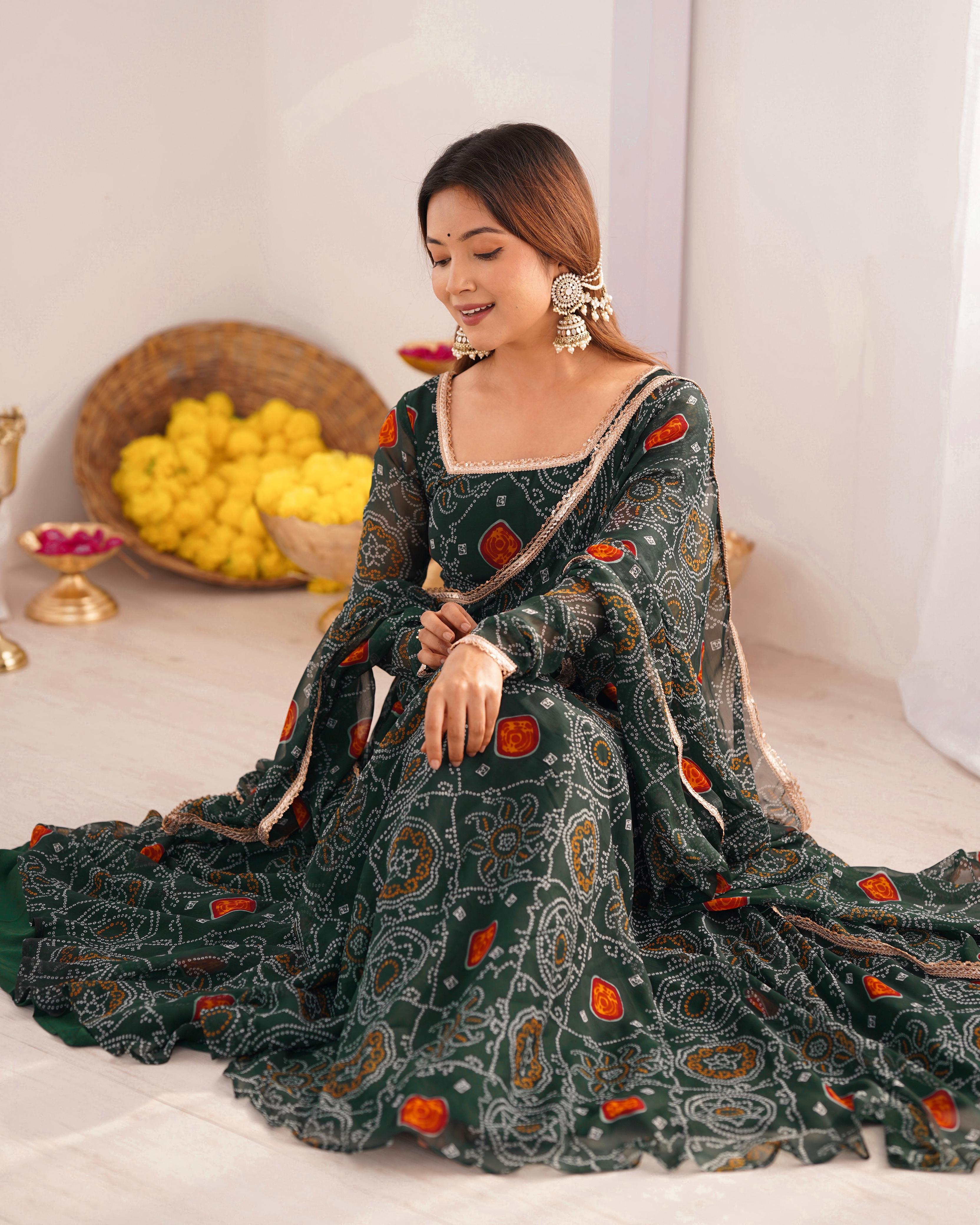 Bottle Green Lightweight Chiffon Anarkali Suit Set with Huge Flair - Festive Wear