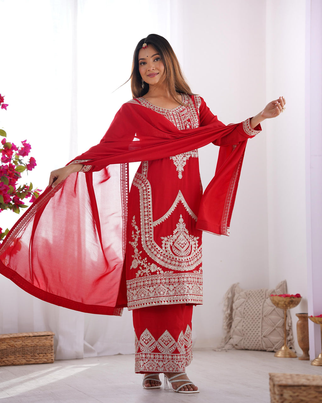 Red Pure Vichitra Silk Kurta Suit Set With Dupatta & Pant