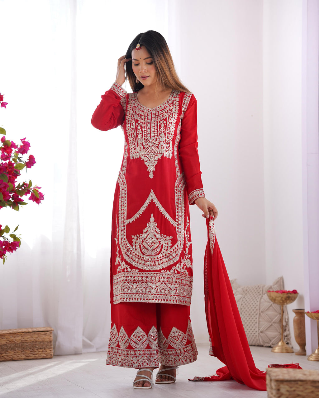 Red Pure Vichitra Silk Kurta Suit Set With Dupatta & Pant