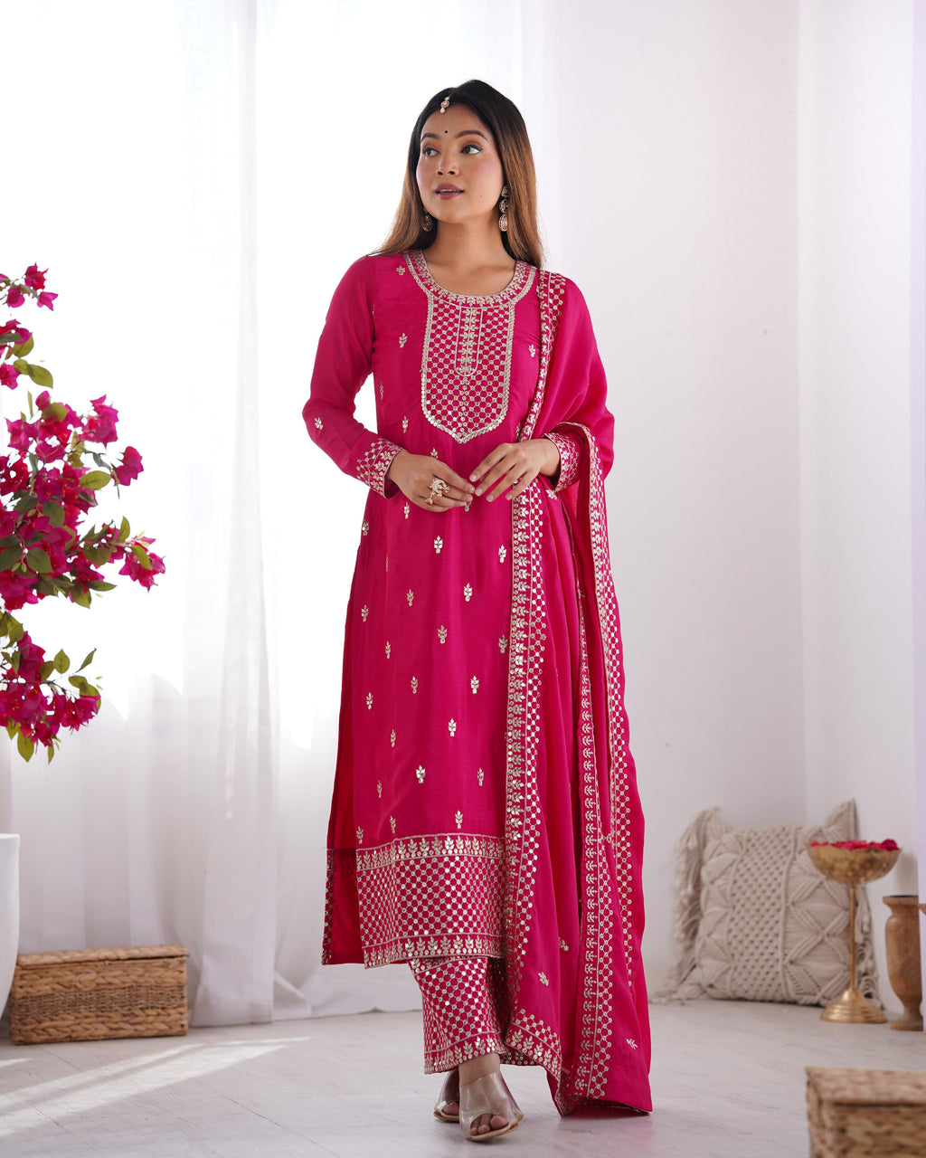 Pink Pure Chinon Silk Kurta Suit Set with Dupatta & Pant for Festive Occasions