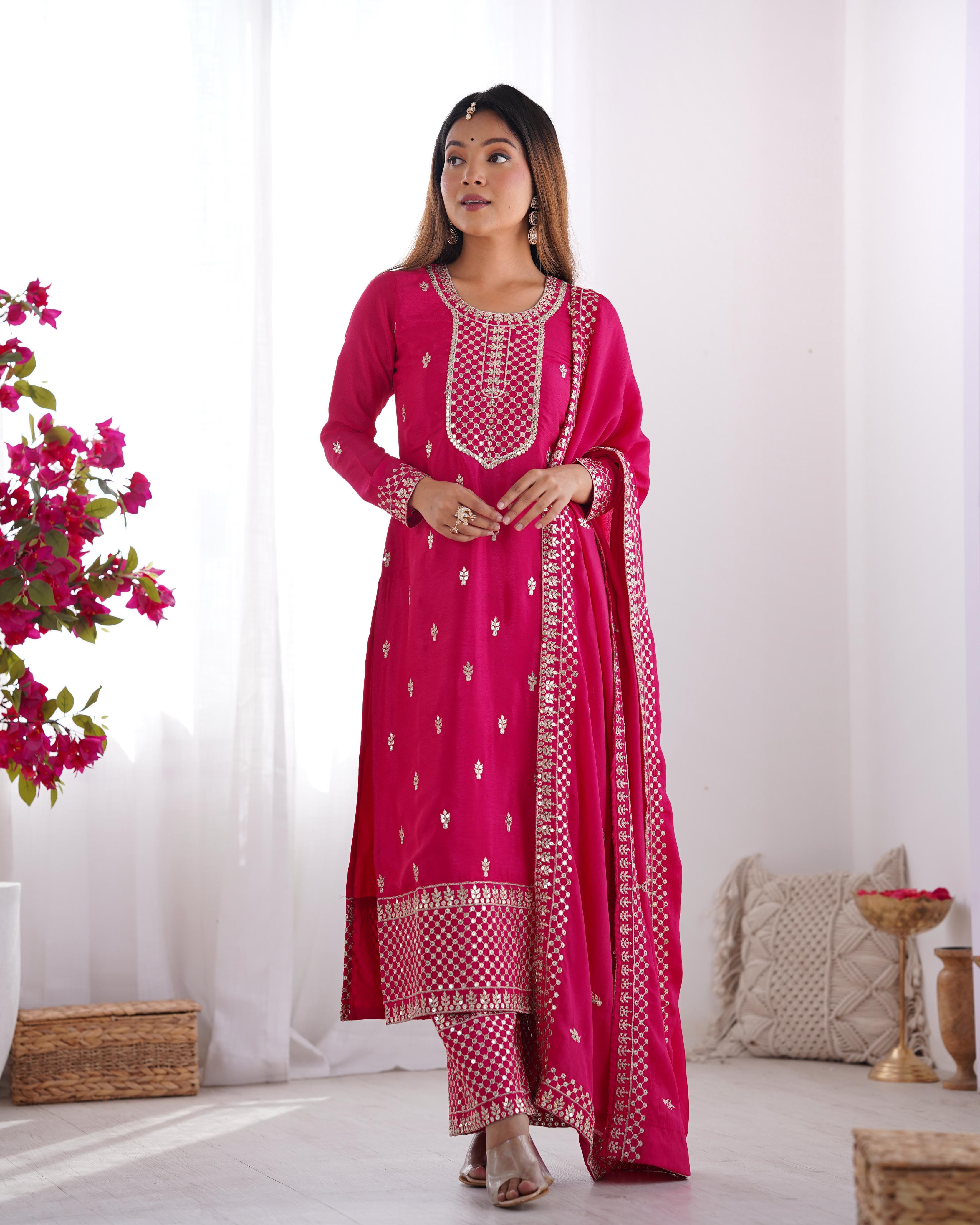 Pink Pure Chinon Silk Kurta Suit Set with Dupatta & Pant for Festive Occasions