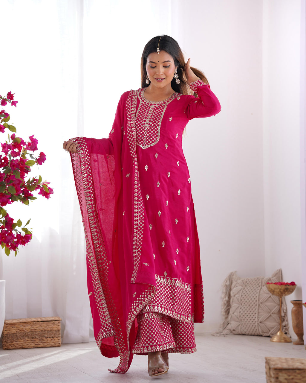 Pink Pure Chinon Silk Kurta Suit Set with Dupatta & Pant for Festive Occasions