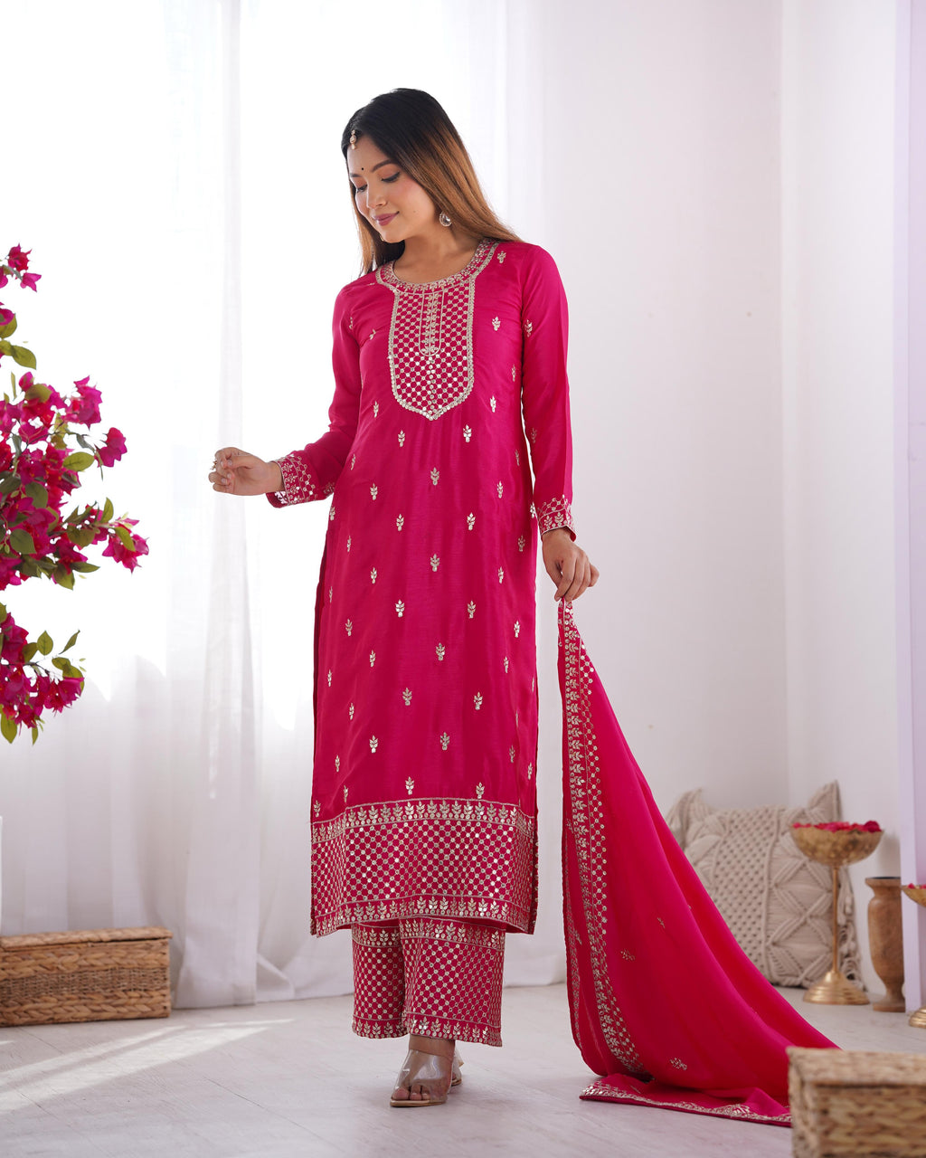 Pink Pure Chinon Silk Kurta Suit Set with Dupatta & Pant for Festive Occasions