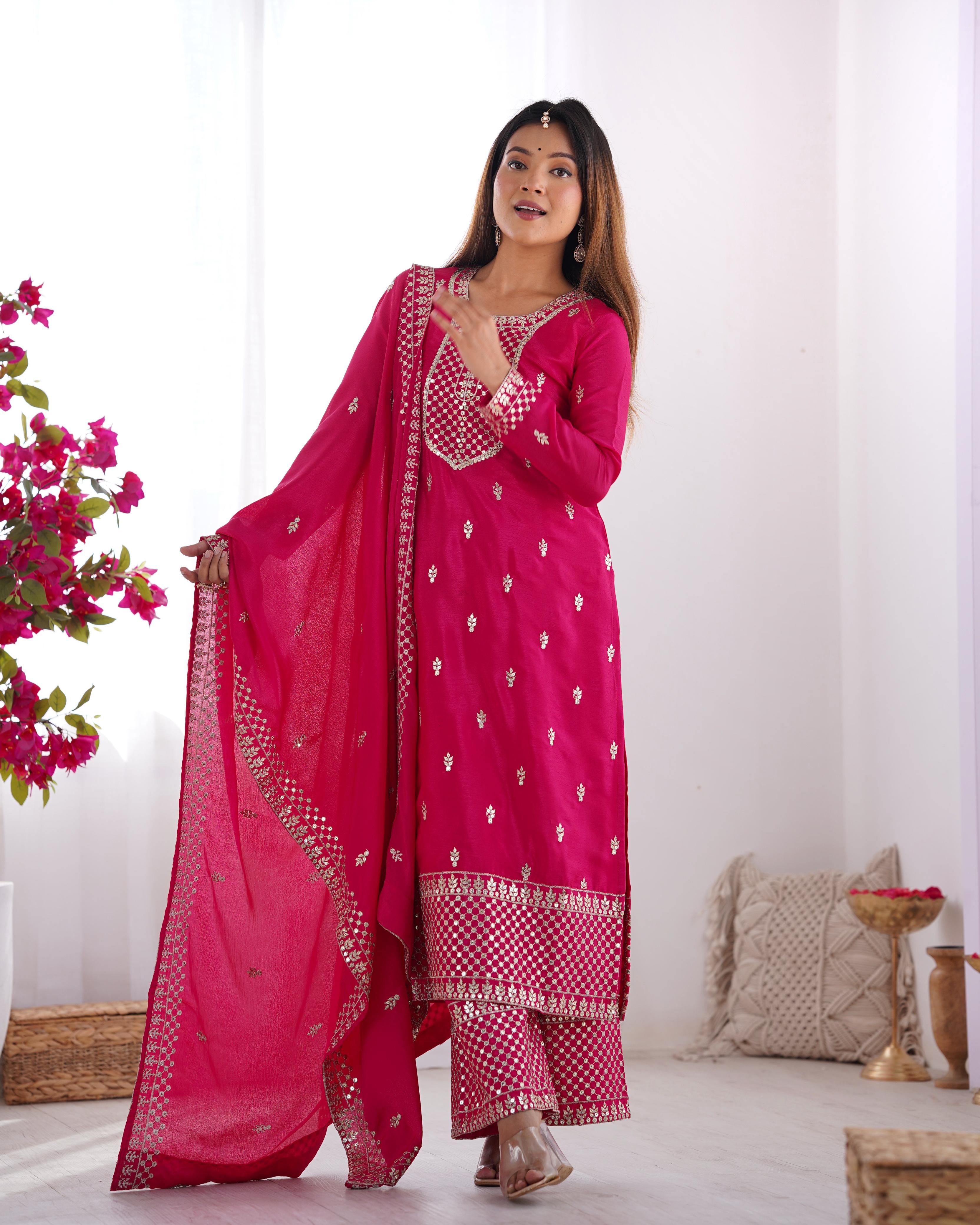 Pink Pure Chinon Silk Kurta Suit Set with Dupatta & Pant for Festive Occasions