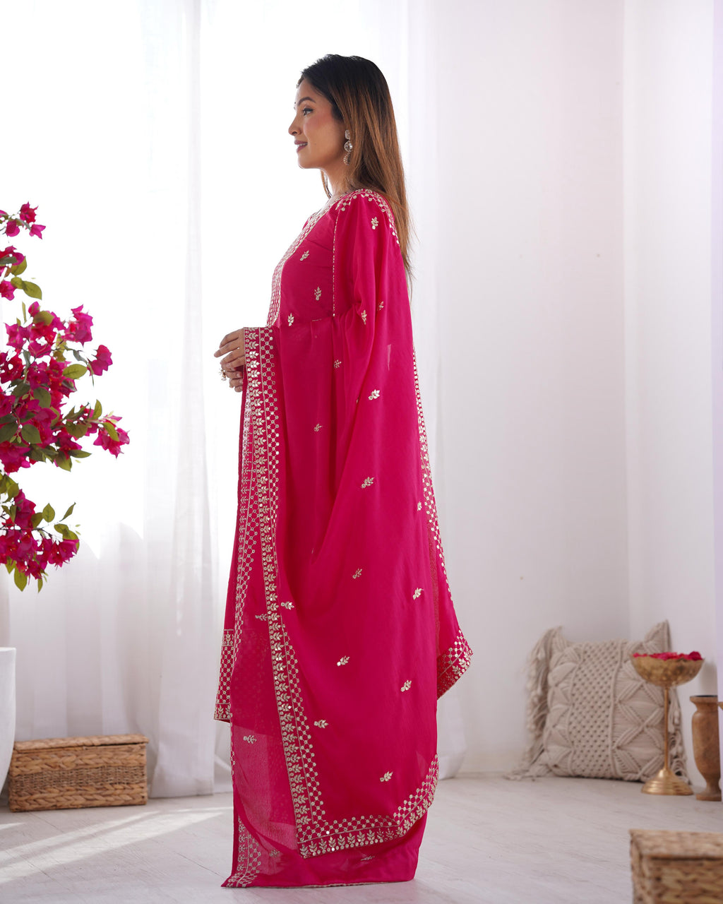 Pink Pure Chinon Silk Kurta Suit Set with Dupatta & Pant for Festive Occasions