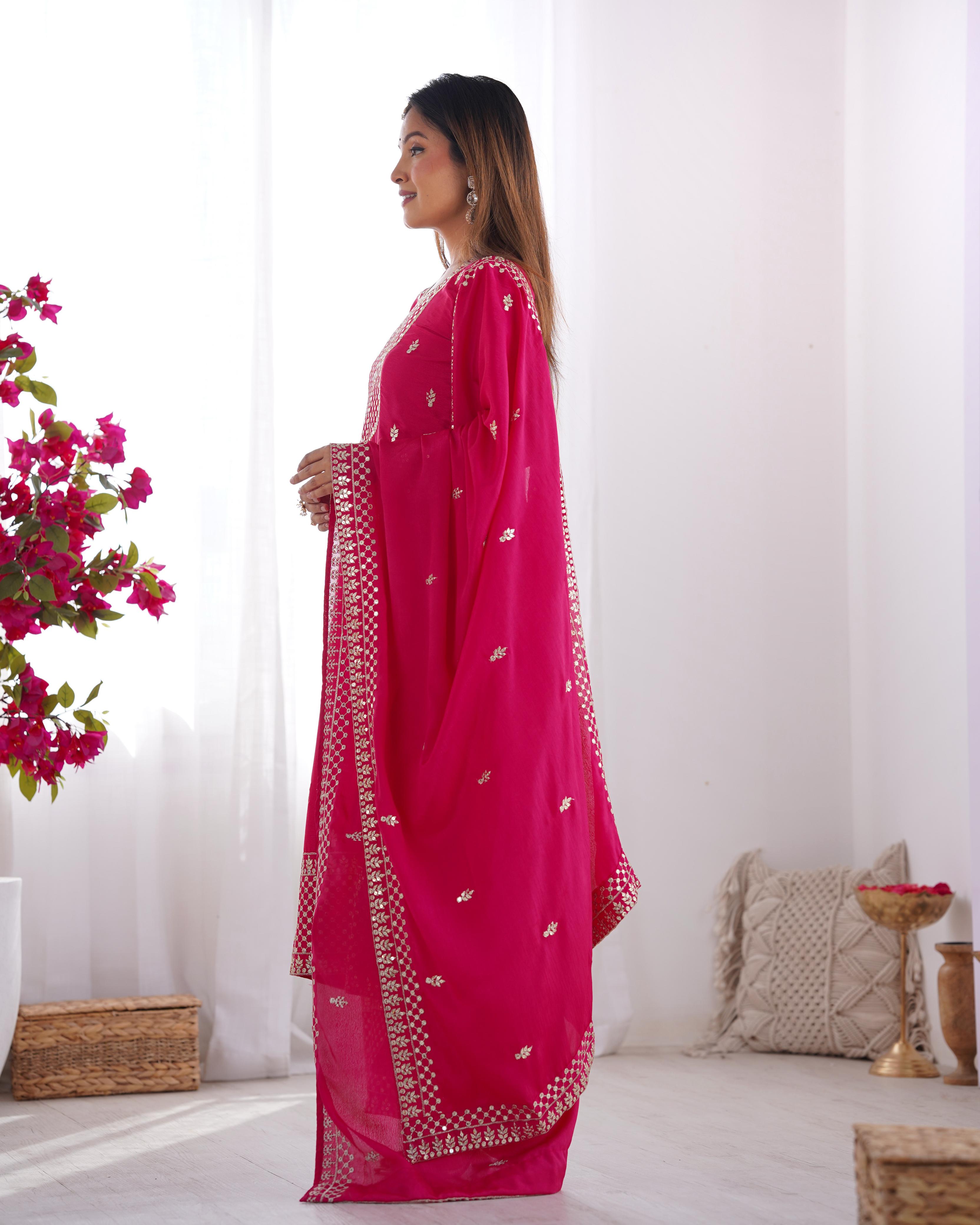 Pink Pure Chinon Silk Kurta Suit Set with Dupatta & Pant for Festive Occasions