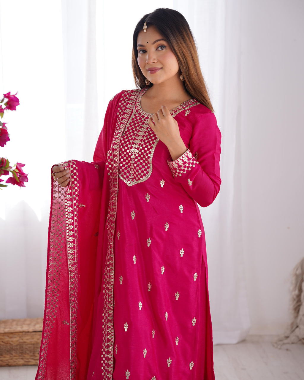 Pink Pure Chinon Silk Kurta Suit Set with Dupatta & Pant for Festive Occasions