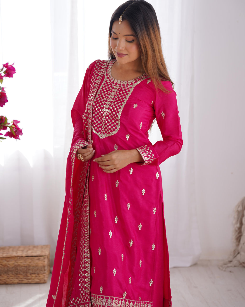Pink Pure Chinon Silk Kurta Suit Set with Dupatta & Pant for Festive Occasions