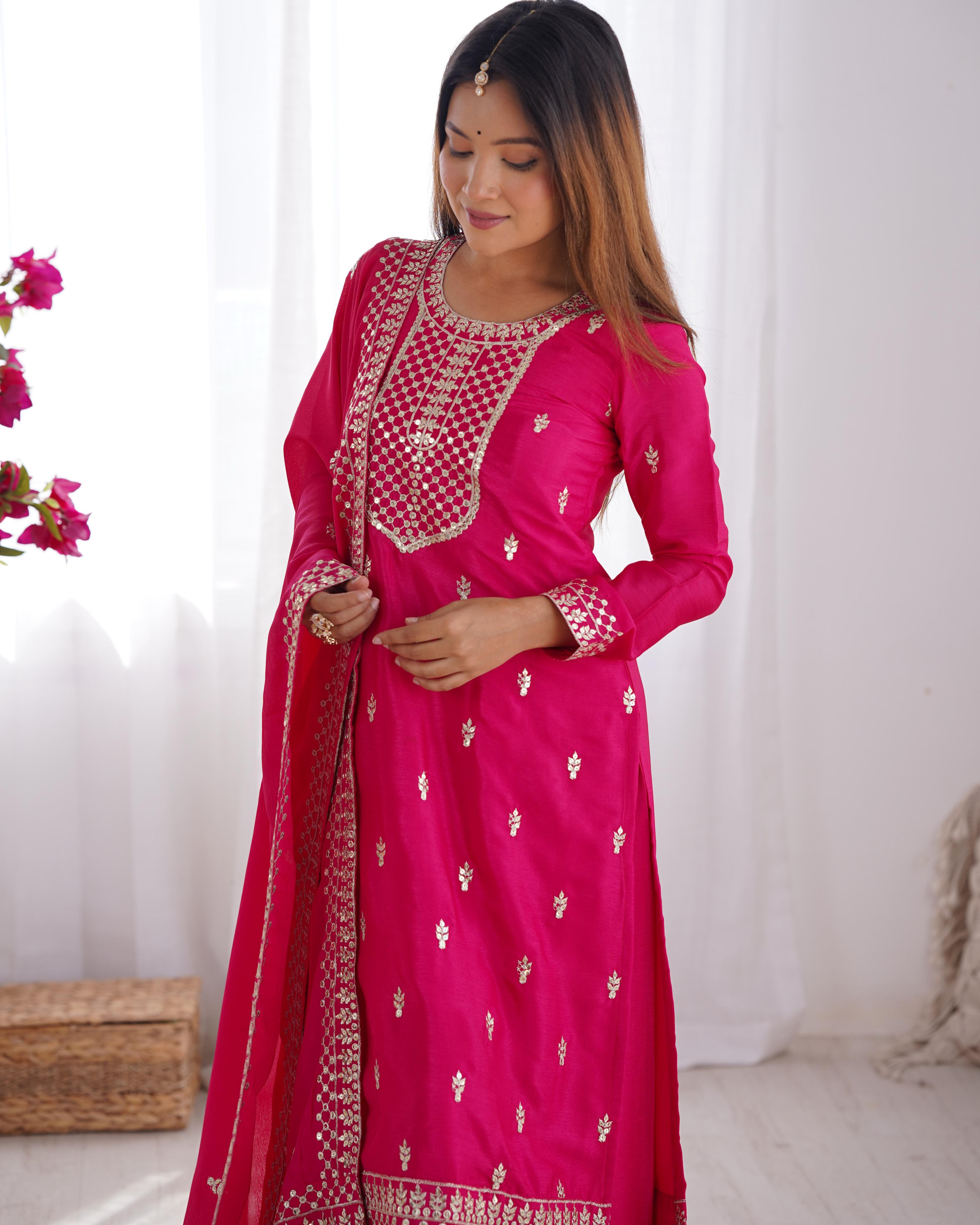 Pink Pure Chinon Silk Kurta Suit Set with Dupatta & Pant for Festive Occasions