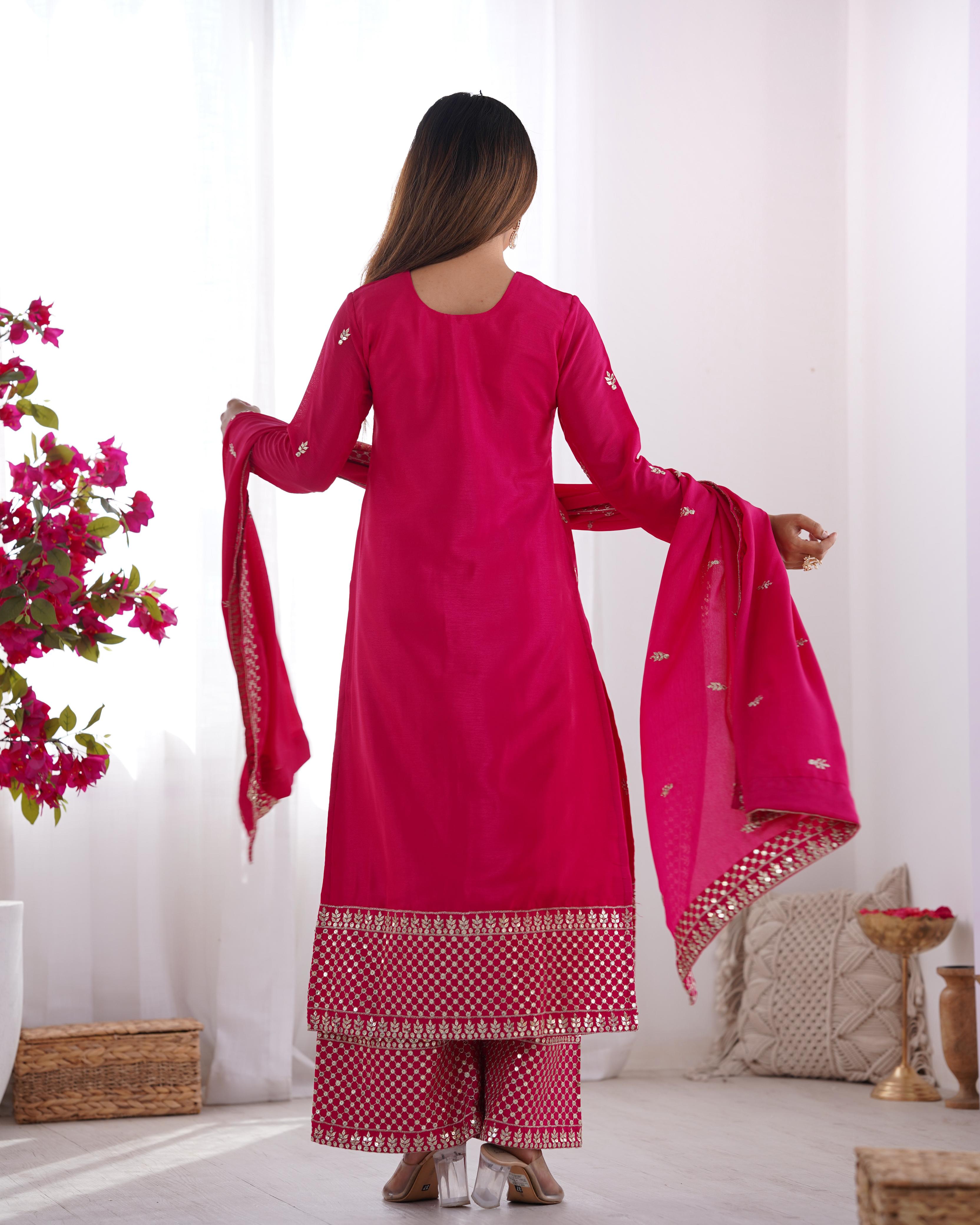 Pink Pure Chinon Silk Kurta Suit Set with Dupatta & Pant for Festive Occasions