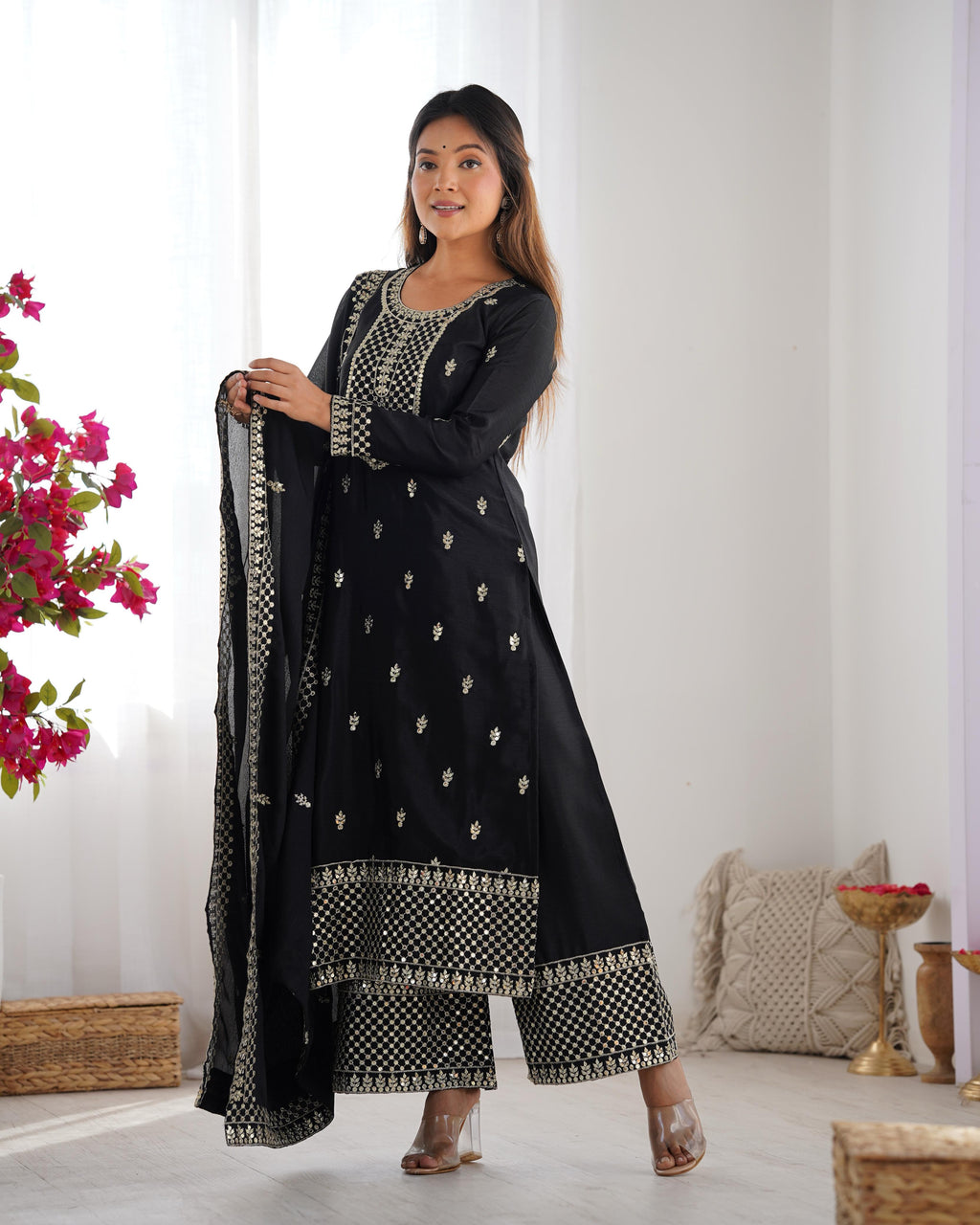 Black Pure Chinon Silk Kurta Suit Set with Dupatta & Pant for Festive Occasions