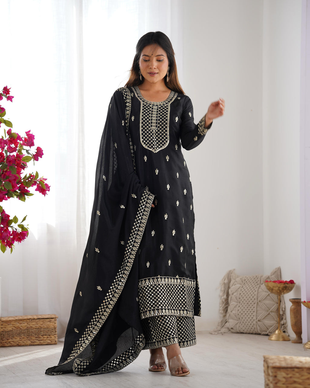 Black Pure Chinon Silk Kurta Suit Set with Dupatta & Pant for Festive Occasions