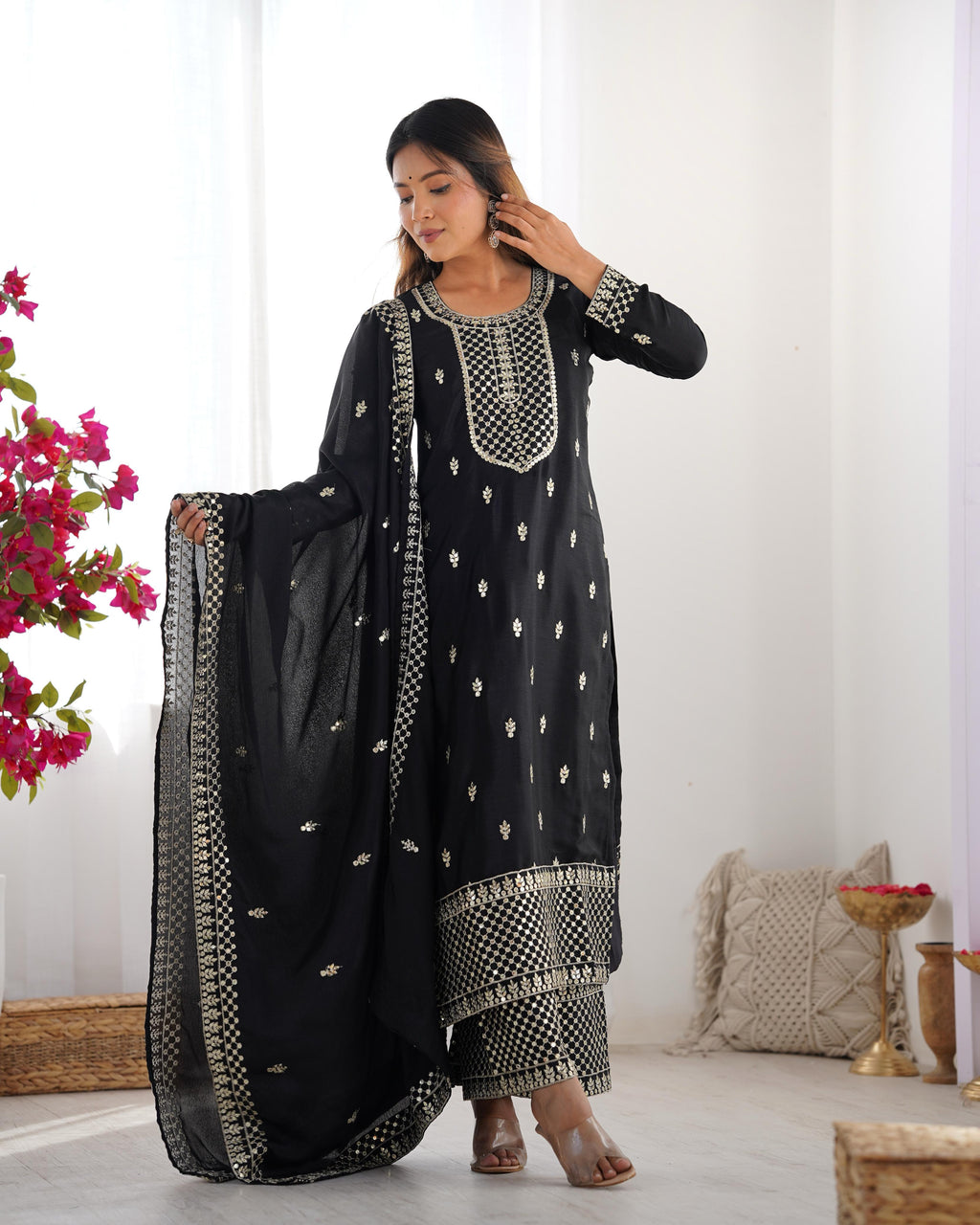 Black Pure Chinon Silk Kurta Suit Set with Dupatta & Pant for Festive Occasions