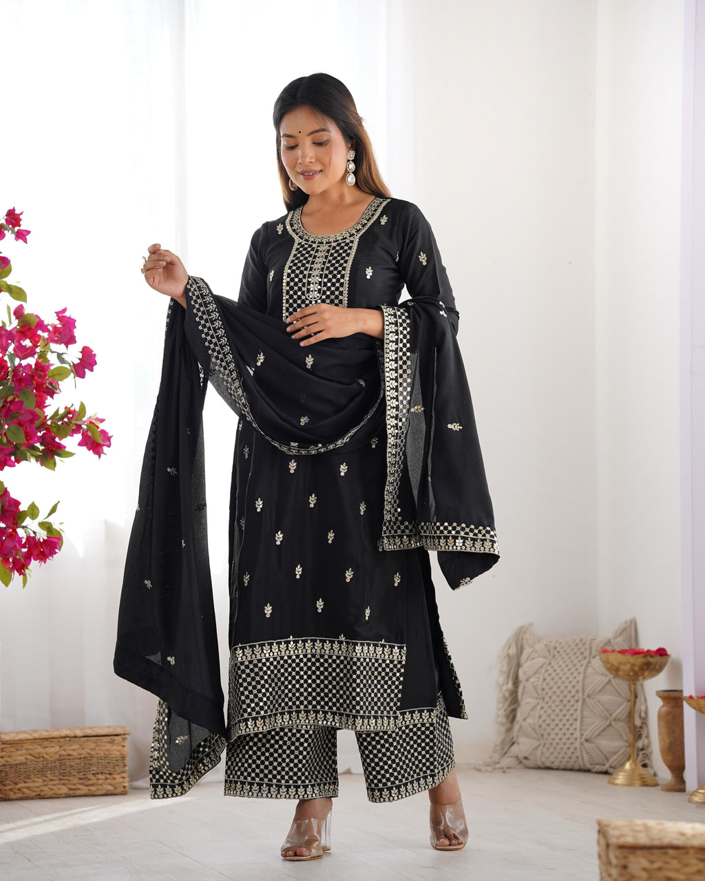 Black Pure Chinon Silk Kurta Suit Set with Dupatta & Pant for Festive Occasions