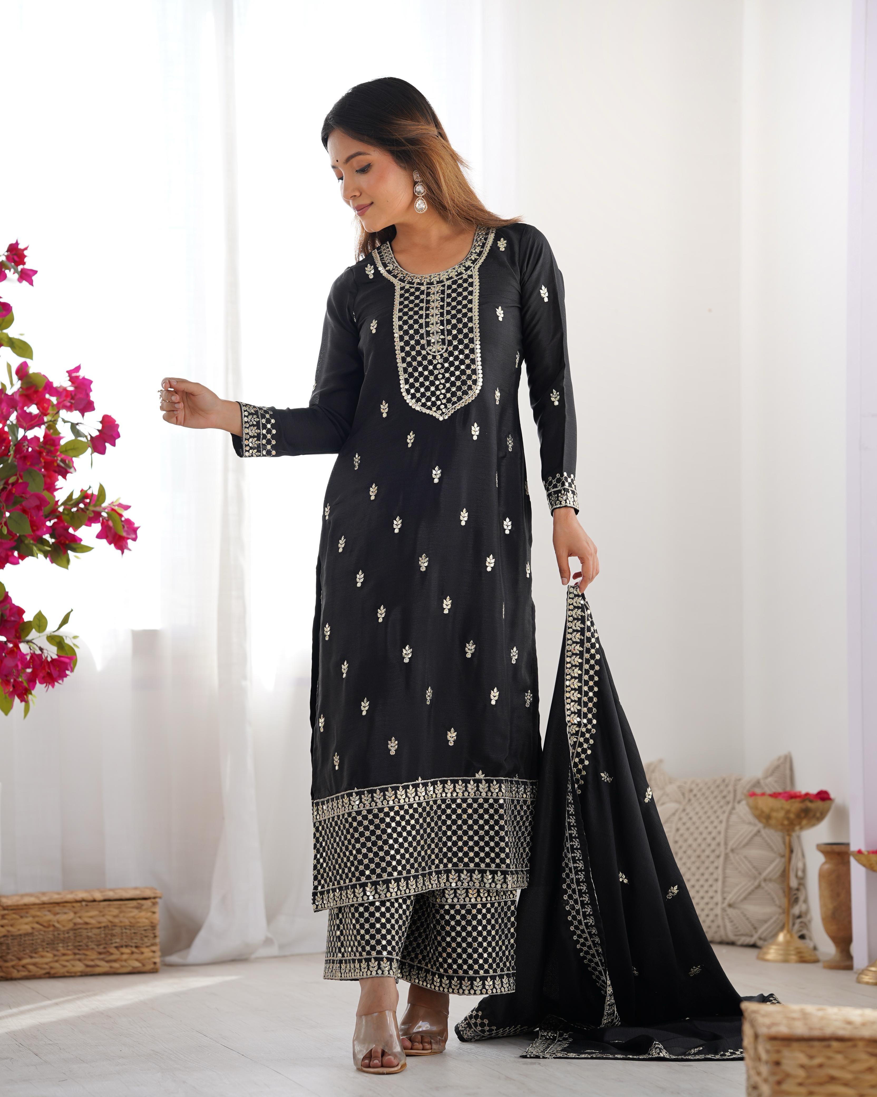 Black Pure Chinon Silk Kurta Suit Set with Dupatta & Pant for Festive Occasions
