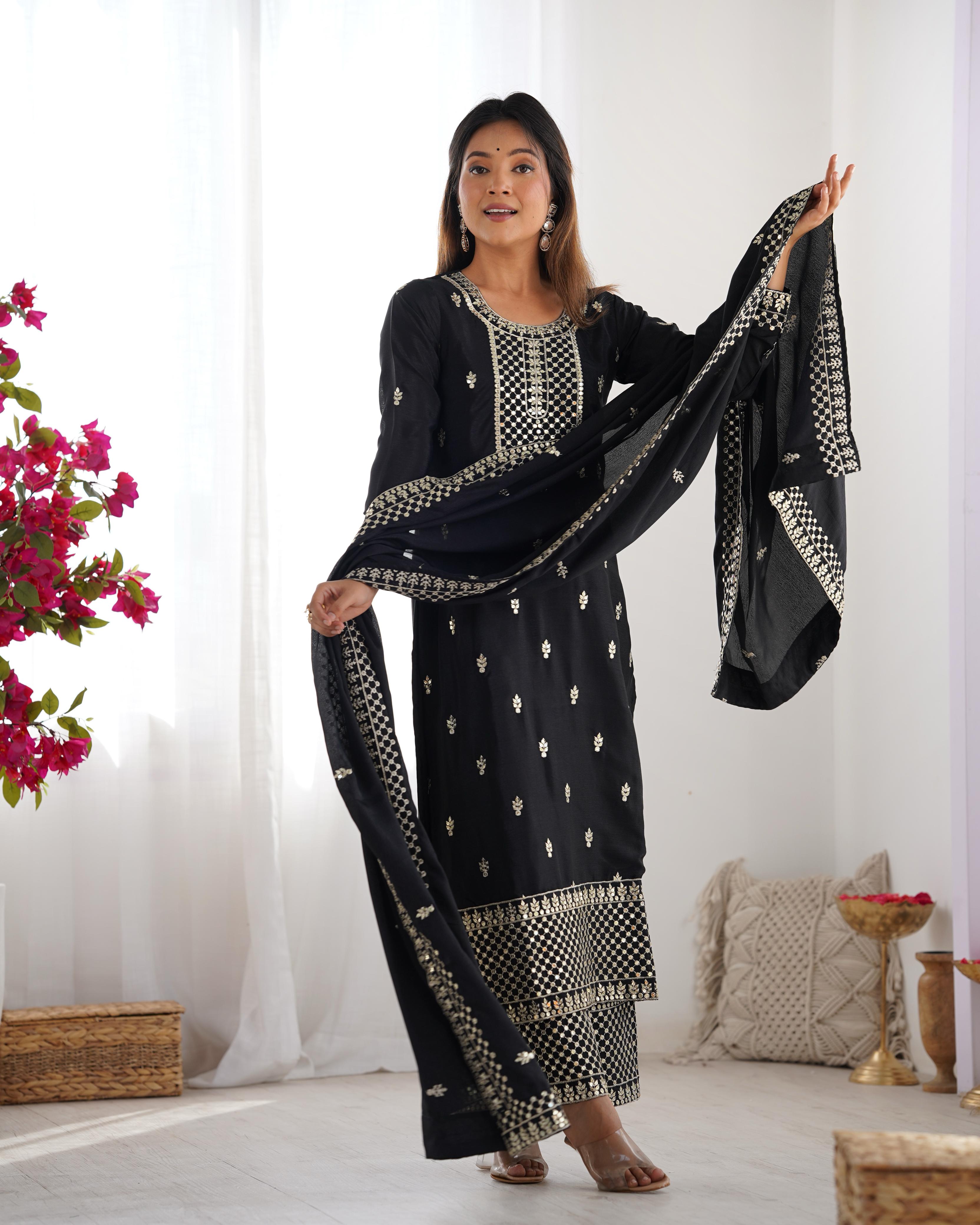 Black Pure Chinon Silk Kurta Suit Set with Dupatta & Pant for Festive Occasions