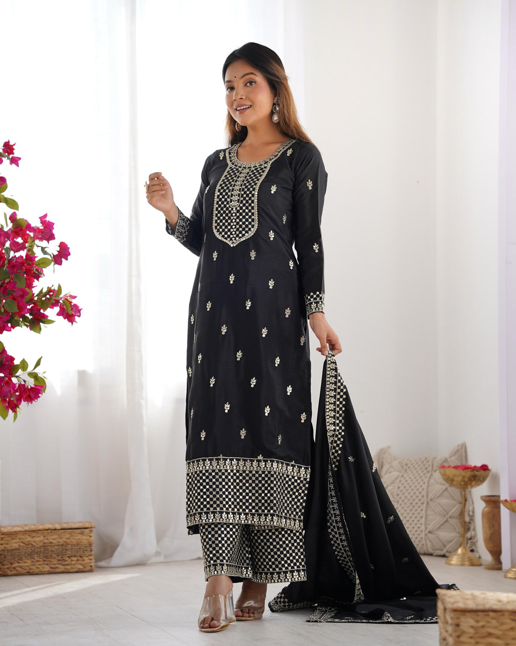 Black Pure Chinon Silk Kurta Suit Set with Dupatta & Pant for Festive Occasions