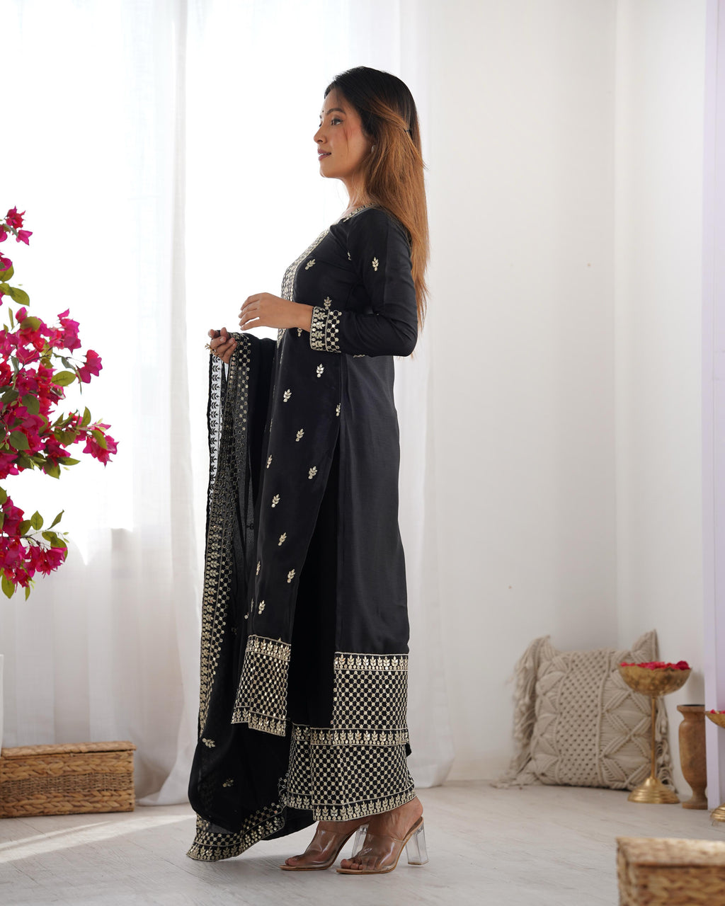 Black Pure Chinon Silk Kurta Suit Set with Dupatta & Pant for Festive Occasions