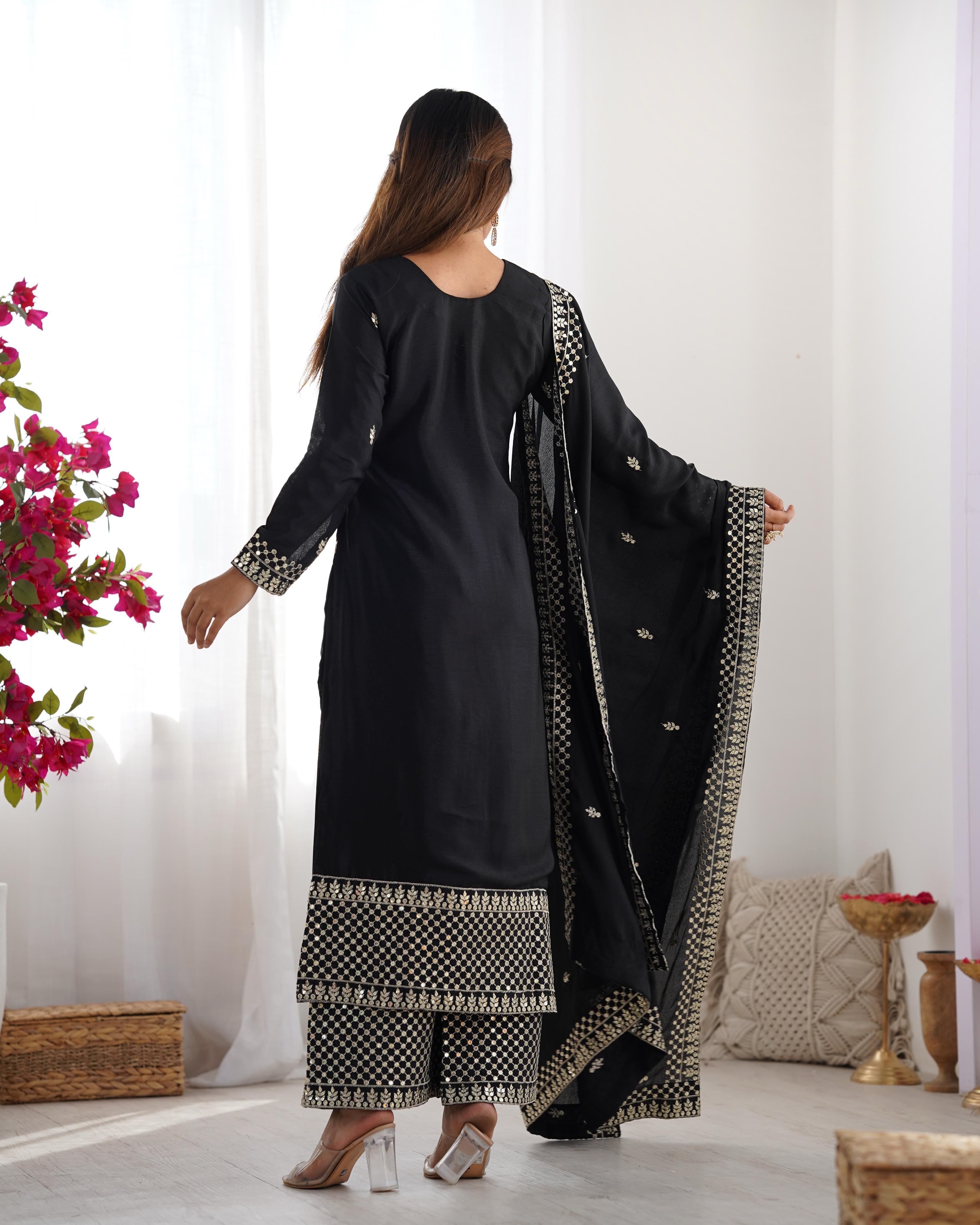 Black Pure Chinon Silk Kurta Suit Set with Dupatta & Pant for Festive Occasions