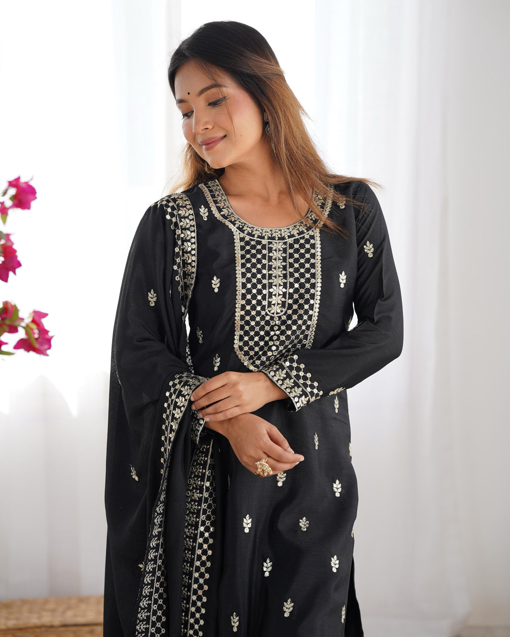 Black Pure Chinon Silk Kurta Suit Set with Dupatta & Pant for Festive Occasions