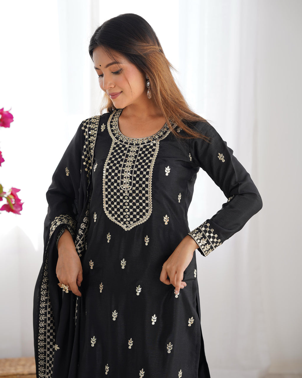Black Pure Chinon Silk Kurta Suit Set with Dupatta & Pant for Festive Occasions