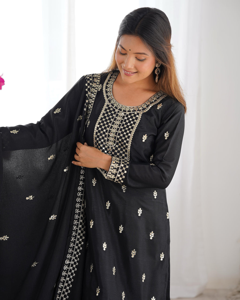 Black Pure Chinon Silk Kurta Suit Set with Dupatta & Pant for Festive Occasions