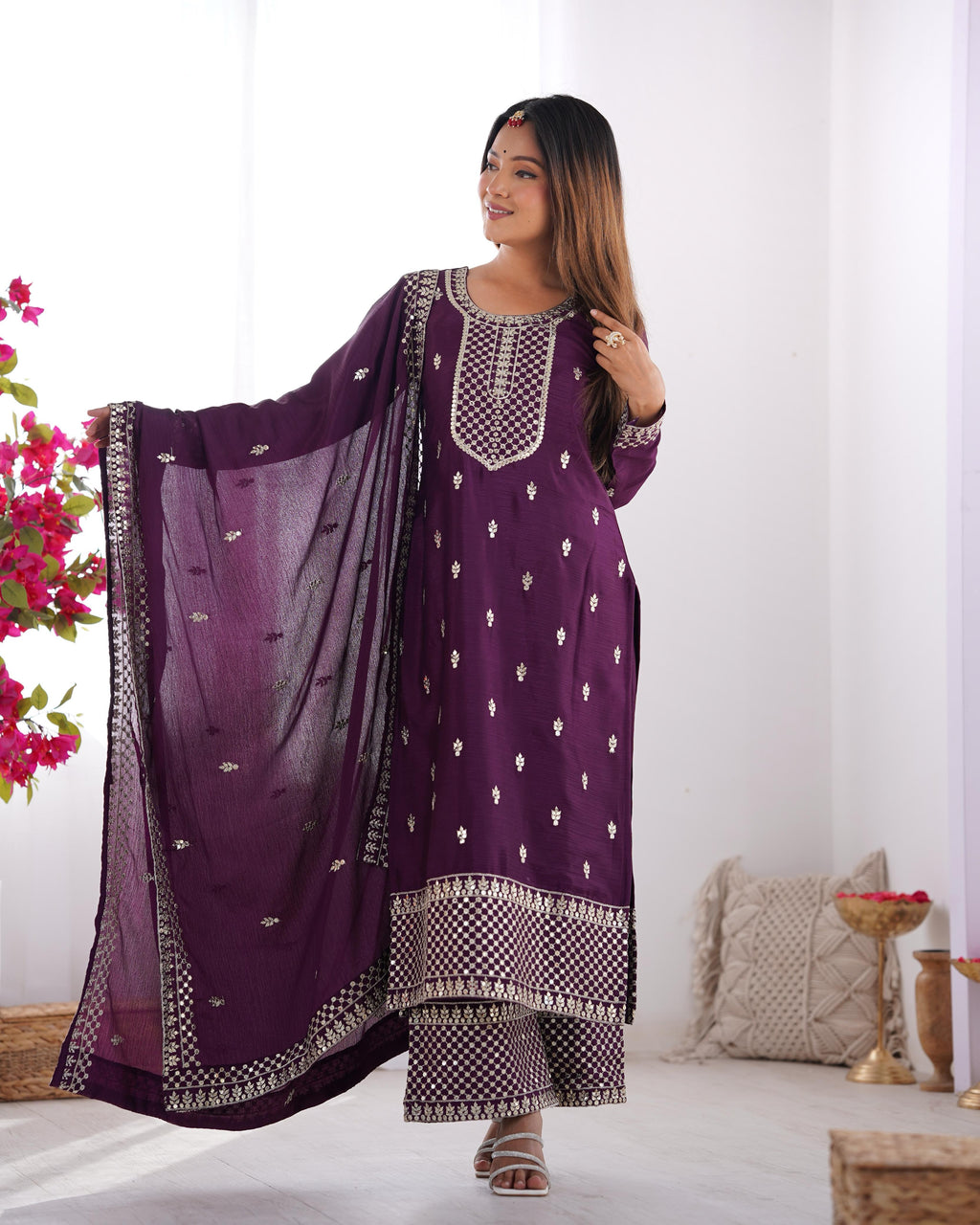 Wine Pure Chinon Silk Kurta Suit Set with Dupatta & Pant for Festive Occasions