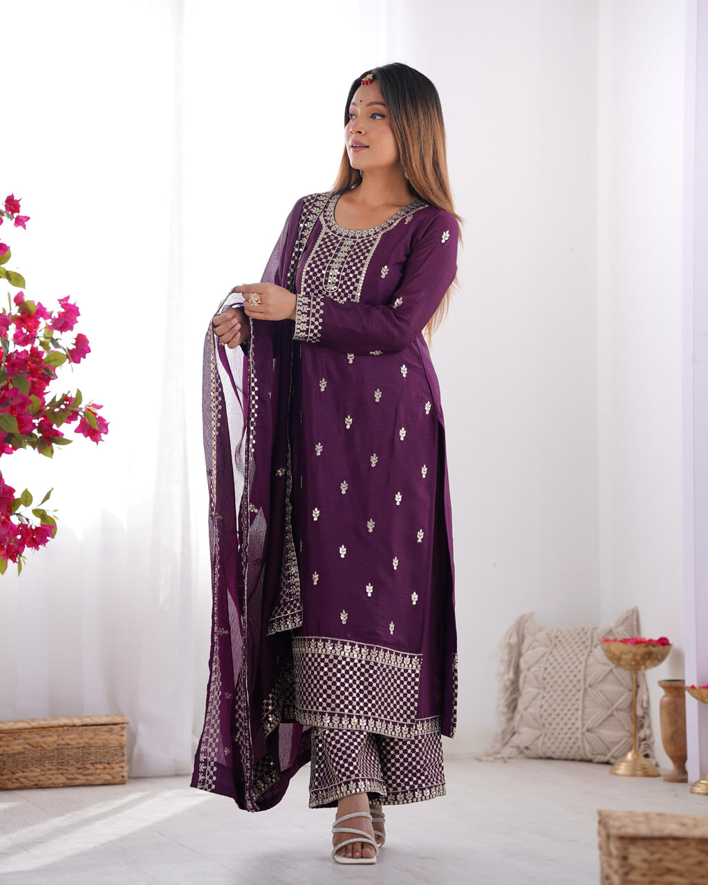 Wine Pure Chinon Silk Kurta Suit Set with Dupatta & Pant for Festive Occasions