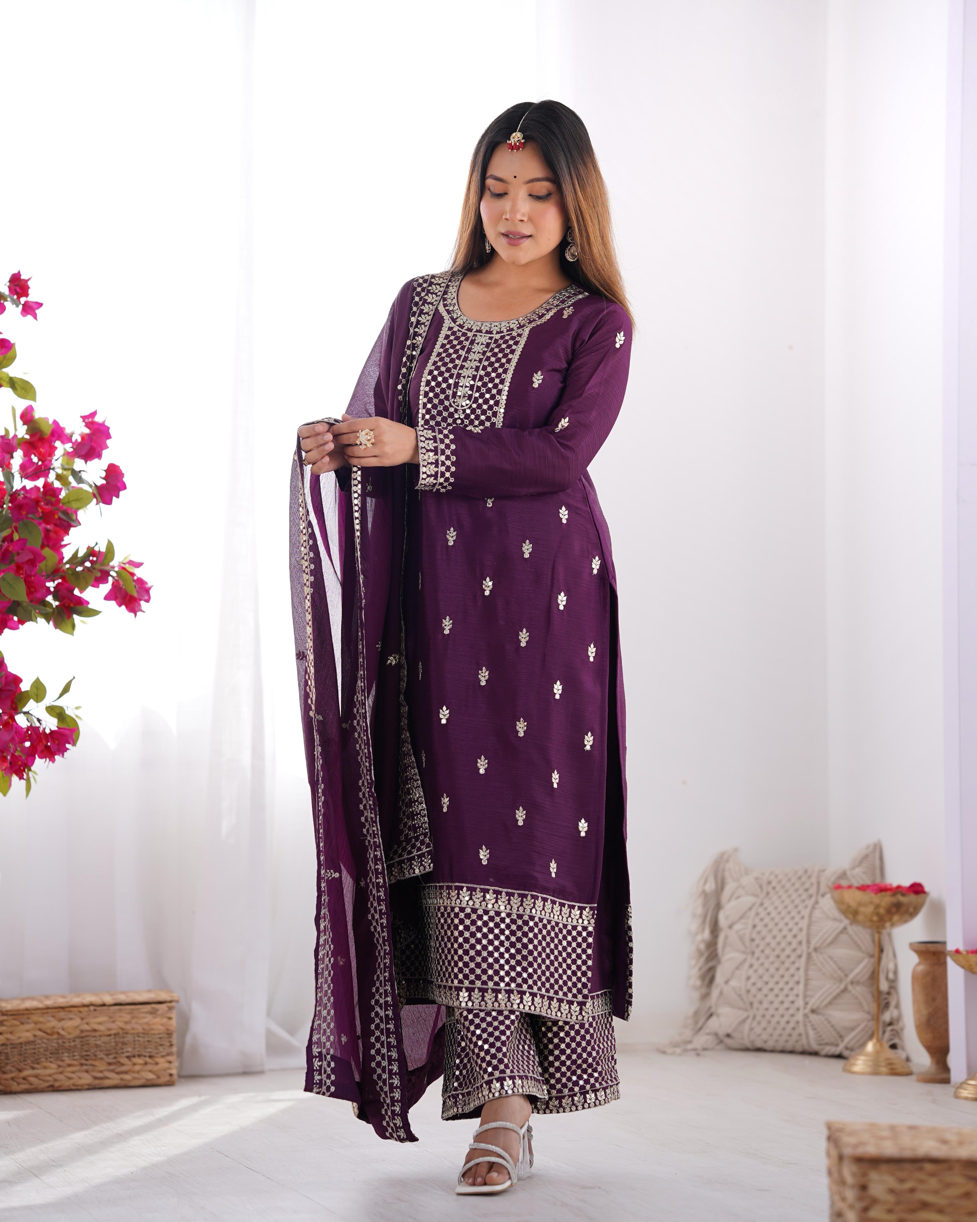 Wine Pure Chinon Silk Kurta Suit Set with Dupatta & Pant for Festive Occasions