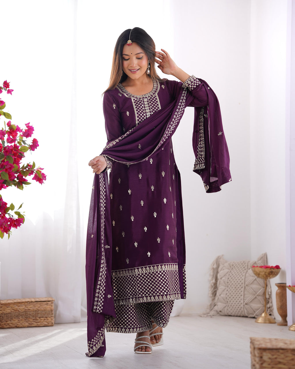 Wine Pure Chinon Silk Kurta Suit Set with Dupatta & Pant for Festive Occasions