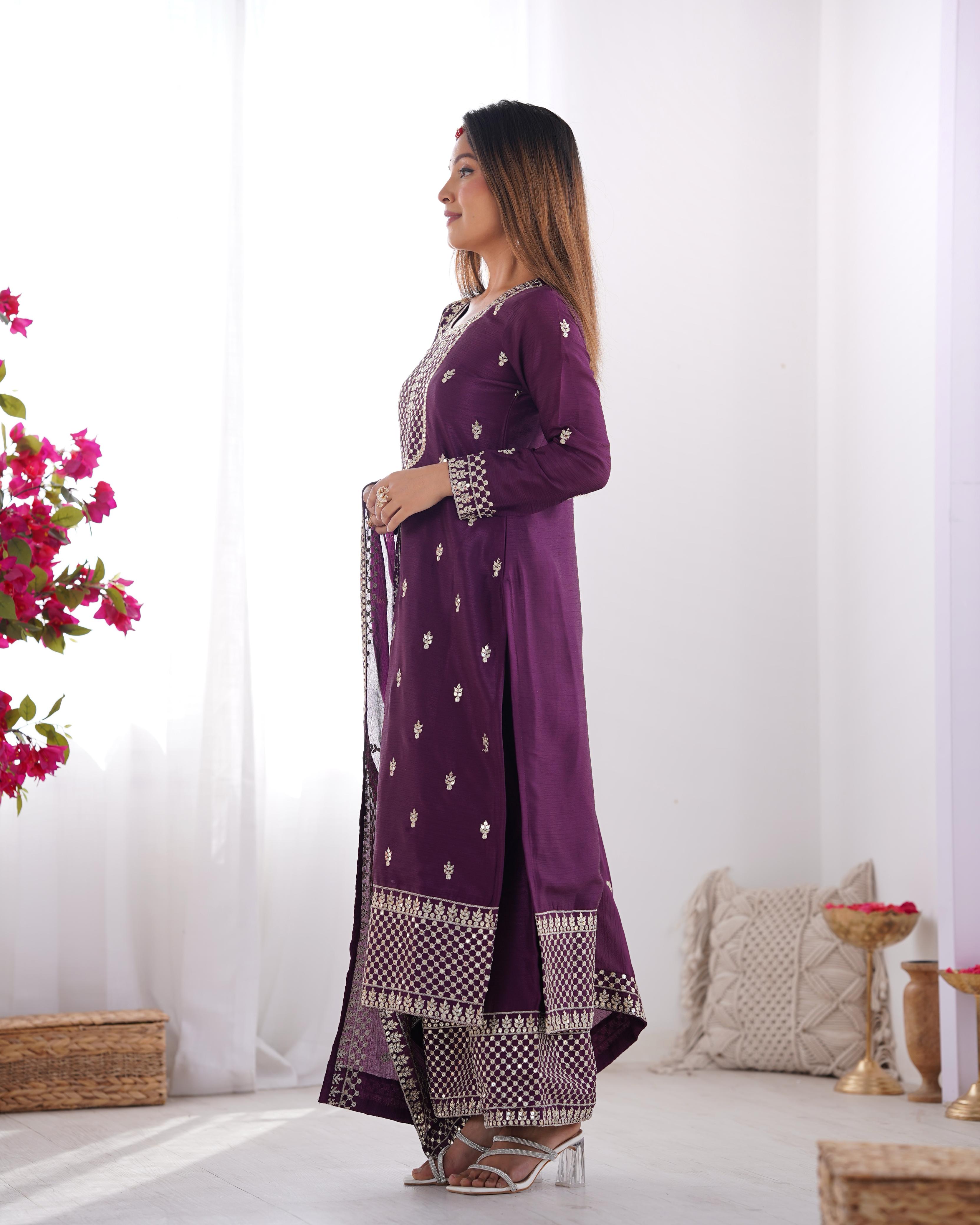 Wine Pure Chinon Silk Kurta Suit Set with Dupatta & Pant for Festive Occasions