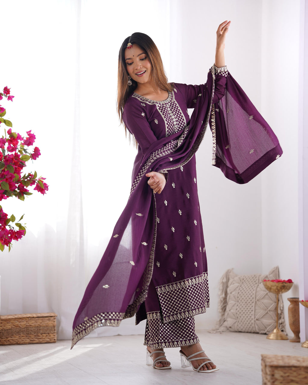 Wine Pure Chinon Silk Kurta Suit Set with Dupatta & Pant for Festive Occasions