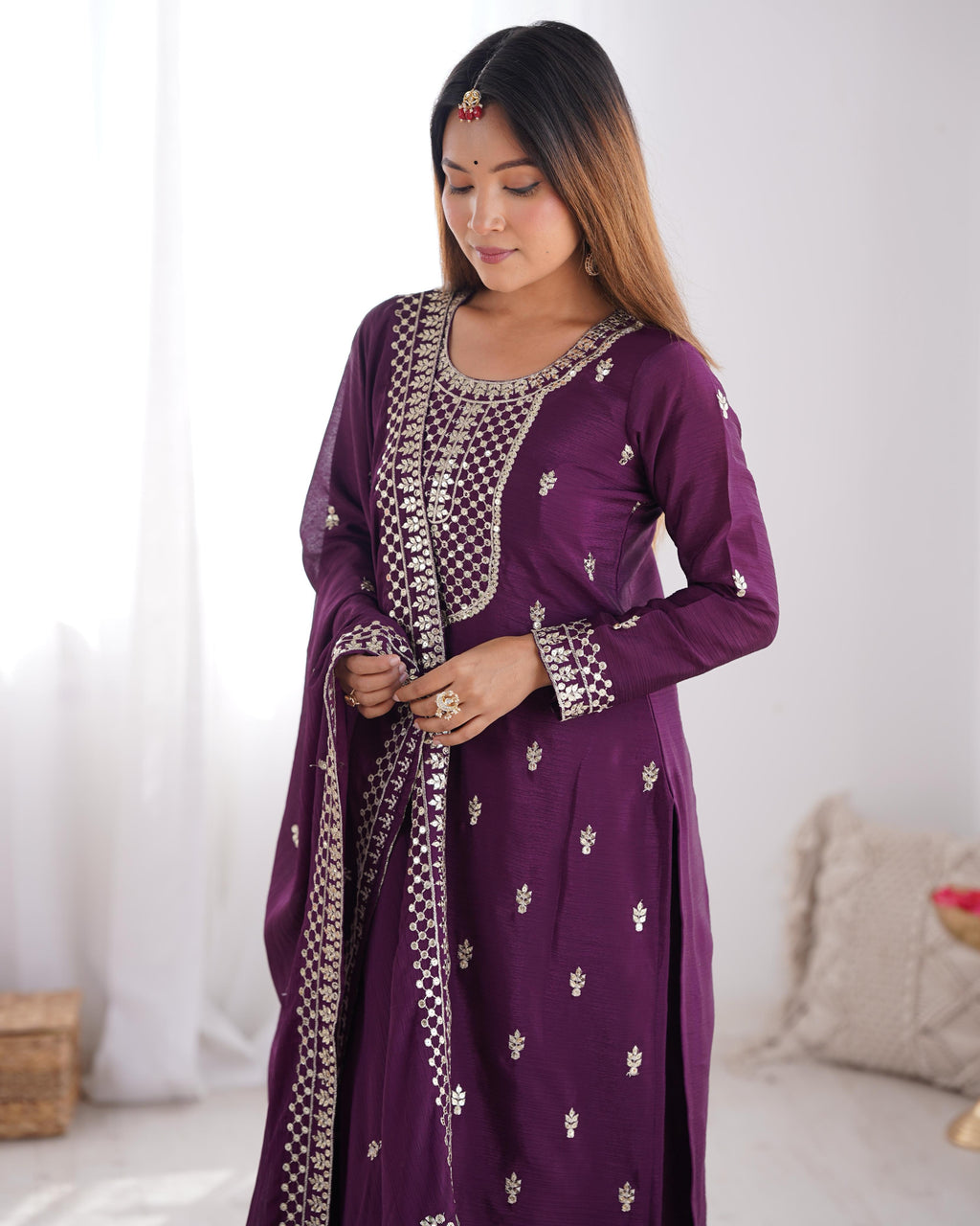 Wine Pure Chinon Silk Kurta Suit Set with Dupatta & Pant for Festive Occasions