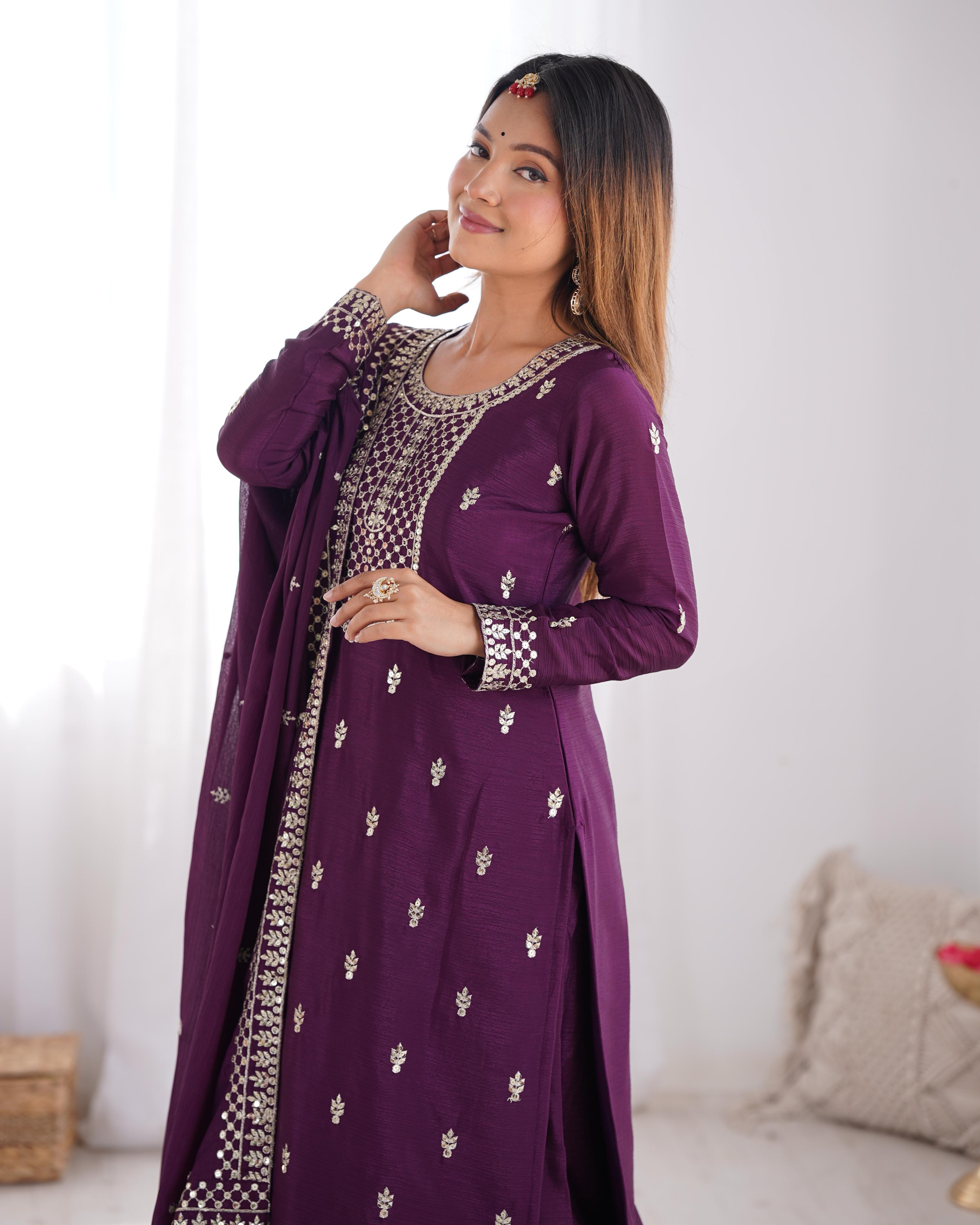 Wine Pure Chinon Silk Kurta Suit Set with Dupatta & Pant for Festive Occasions
