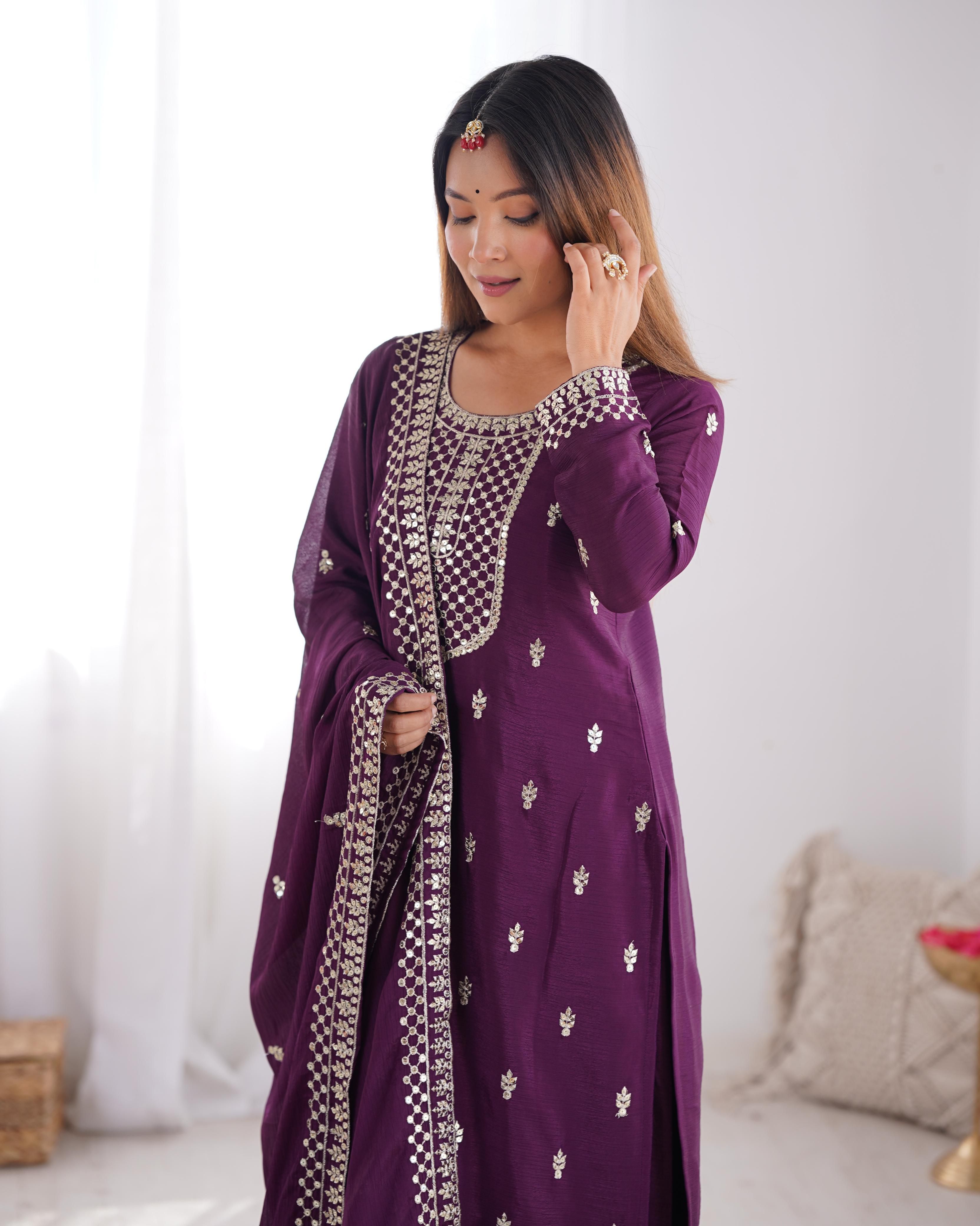 Wine Pure Chinon Silk Kurta Suit Set with Dupatta & Pant for Festive Occasions