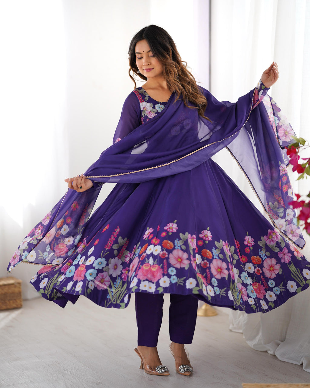 Purple Soft Organza Anarkali Lehenga Suit Set with Huge Flair for Festive Wear